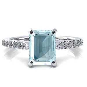Kelsy Emerald Aqua Blue Spinel 4 Prong 3/4 Shared Scalloped Inverted Cathedral Ring