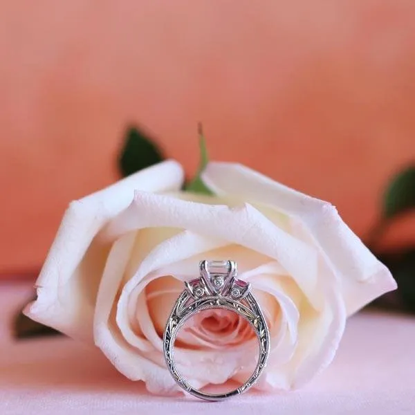 Kirk Kara "Charlotte" Pink Sapphire Emerald Cut Diamond Three Stone Engagement Ring