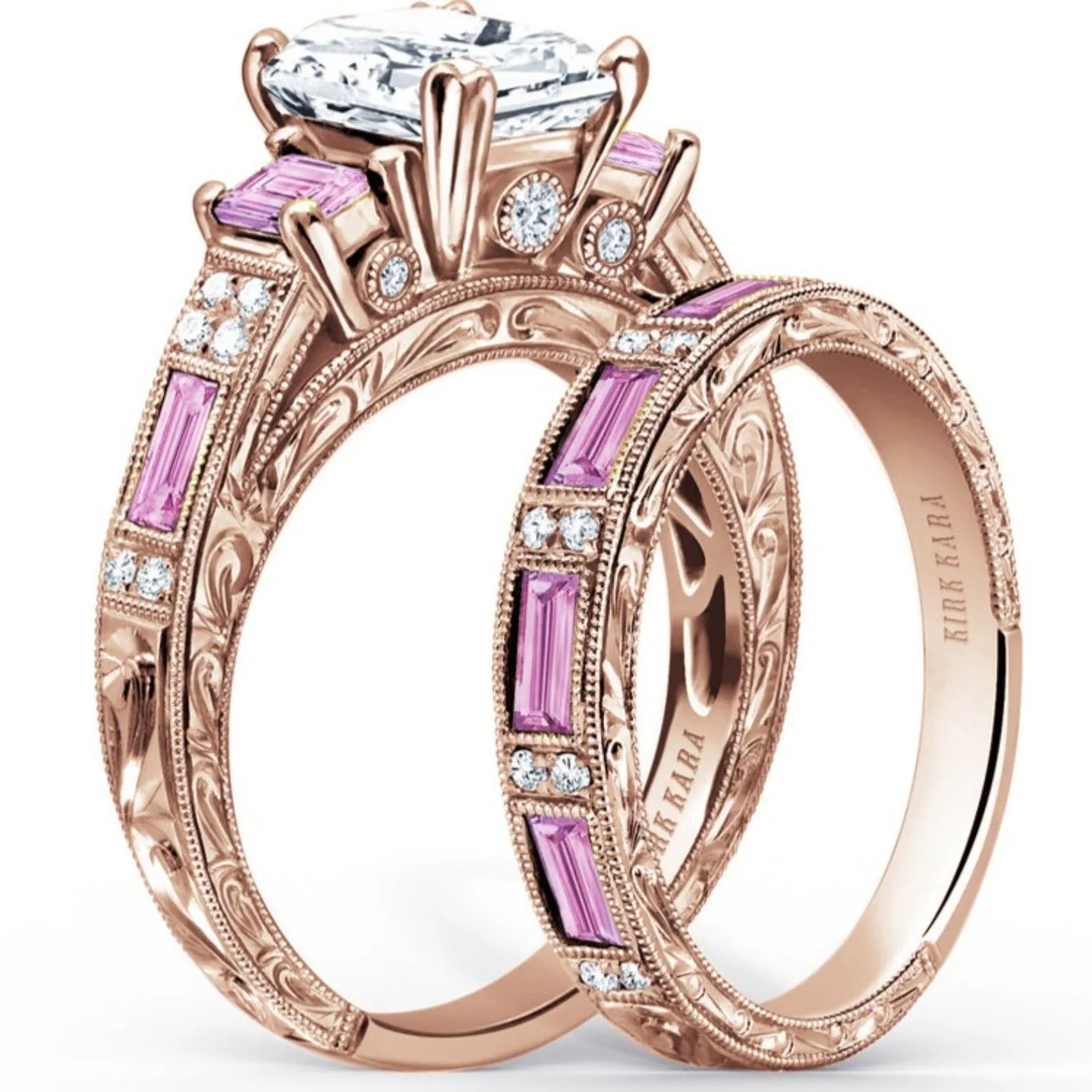 Kirk Kara "Charlotte" Pink Sapphire Emerald Cut Diamond Three Stone Engagement Ring