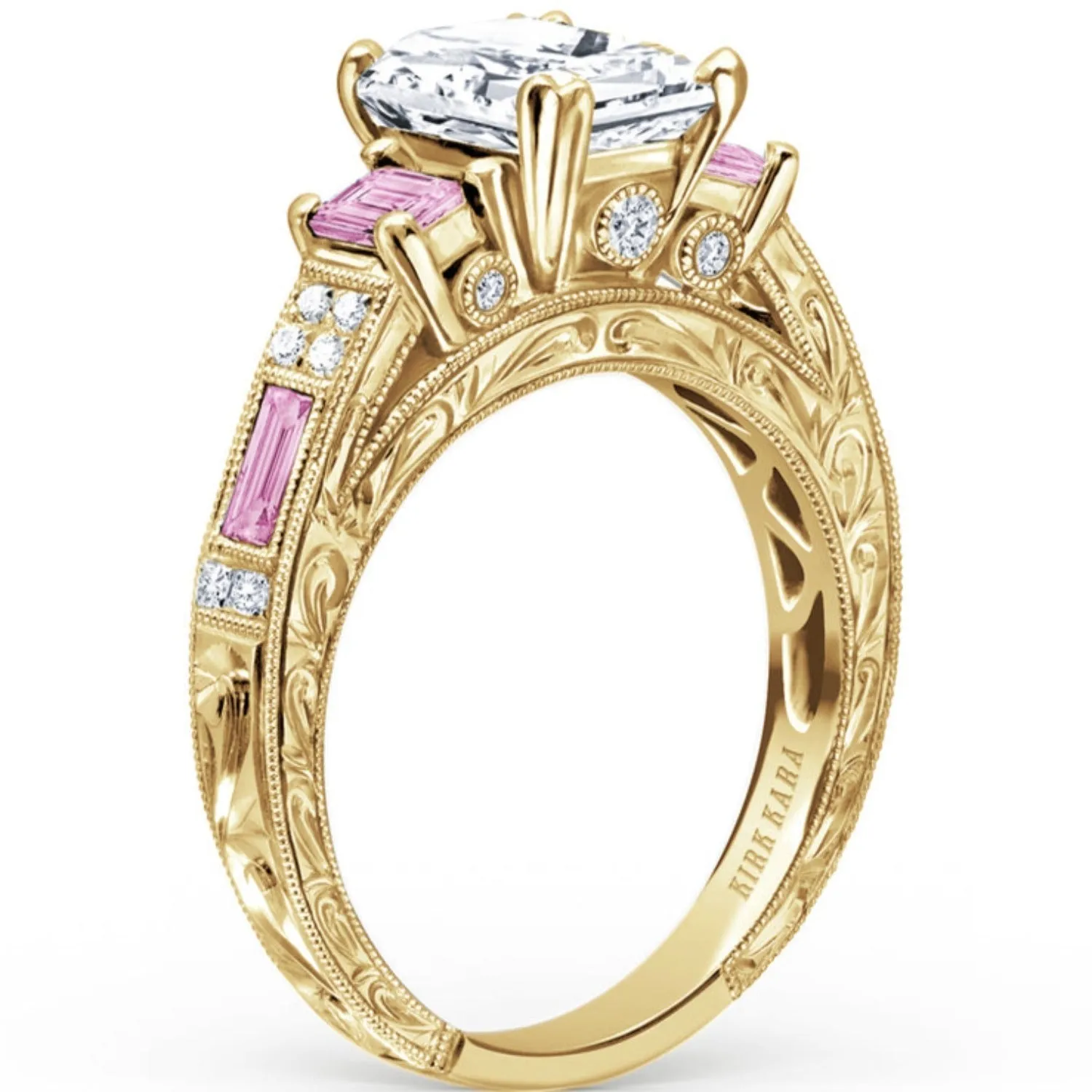 Kirk Kara "Charlotte" Pink Sapphire Emerald Cut Diamond Three Stone Engagement Ring