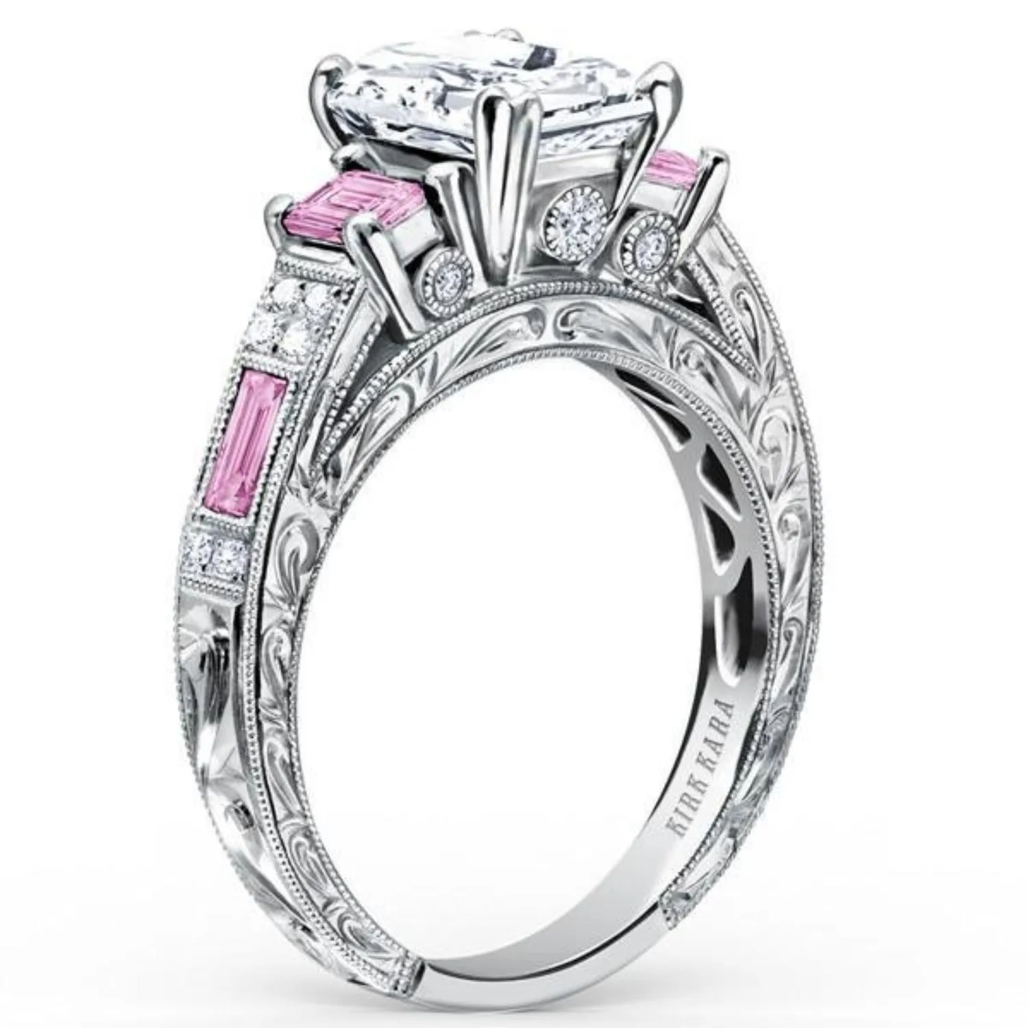 Kirk Kara "Charlotte" Pink Sapphire Emerald Cut Diamond Three Stone Engagement Ring