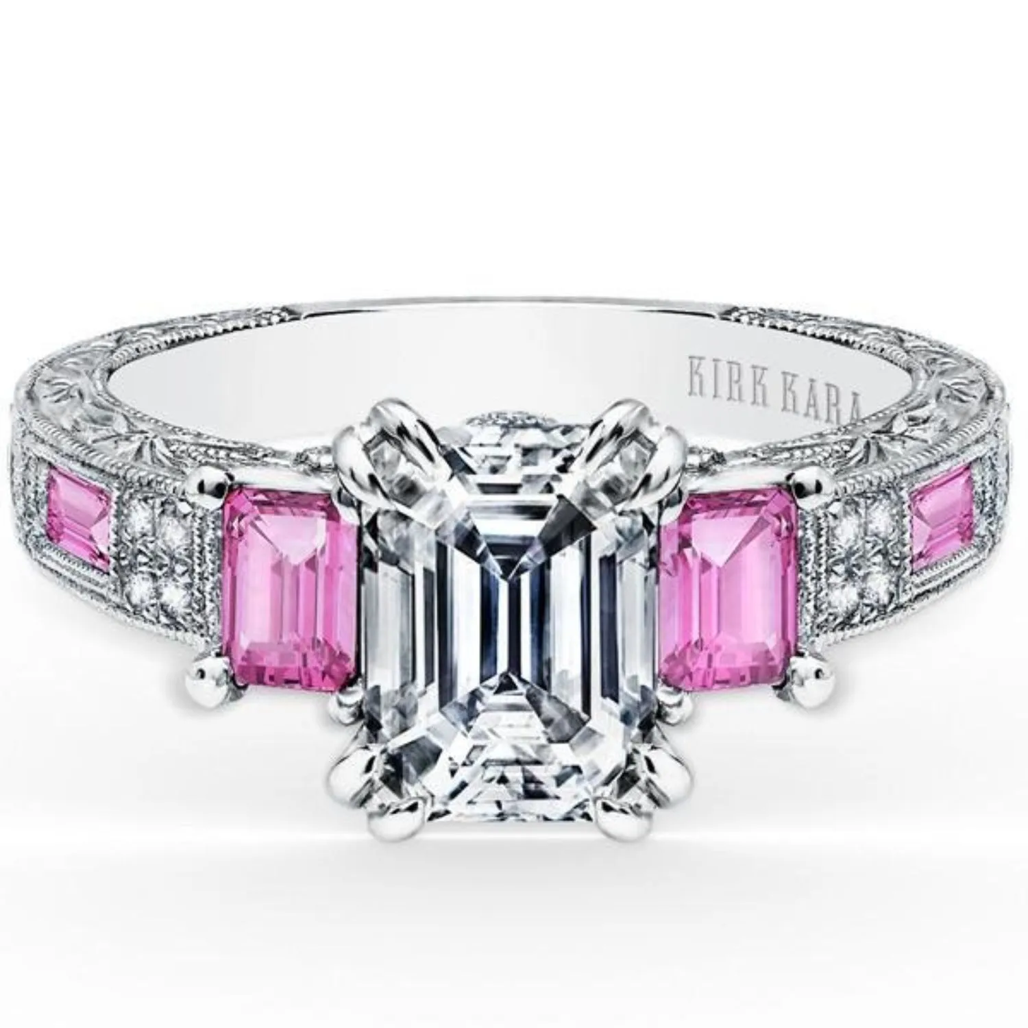 Kirk Kara "Charlotte" Pink Sapphire Emerald Cut Diamond Three Stone Engagement Ring