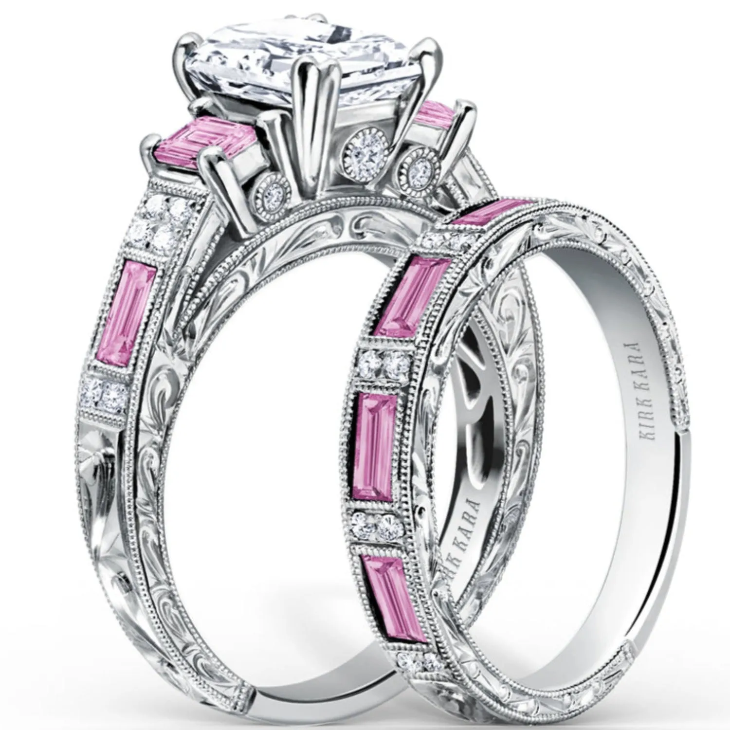 Kirk Kara "Charlotte" Pink Sapphire Emerald Cut Diamond Three Stone Engagement Ring
