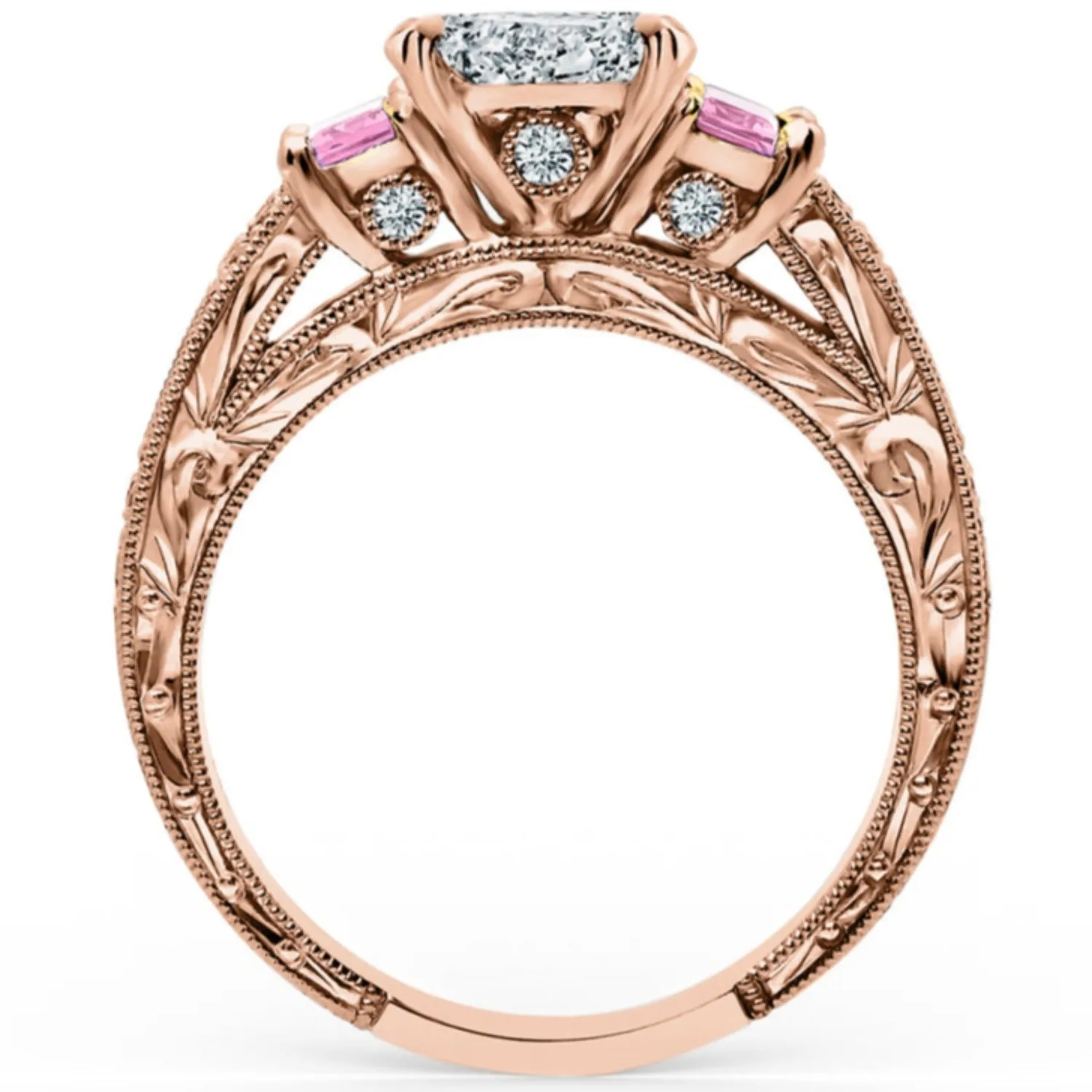 Kirk Kara "Charlotte" Pink Sapphire Emerald Cut Diamond Three Stone Engagement Ring
