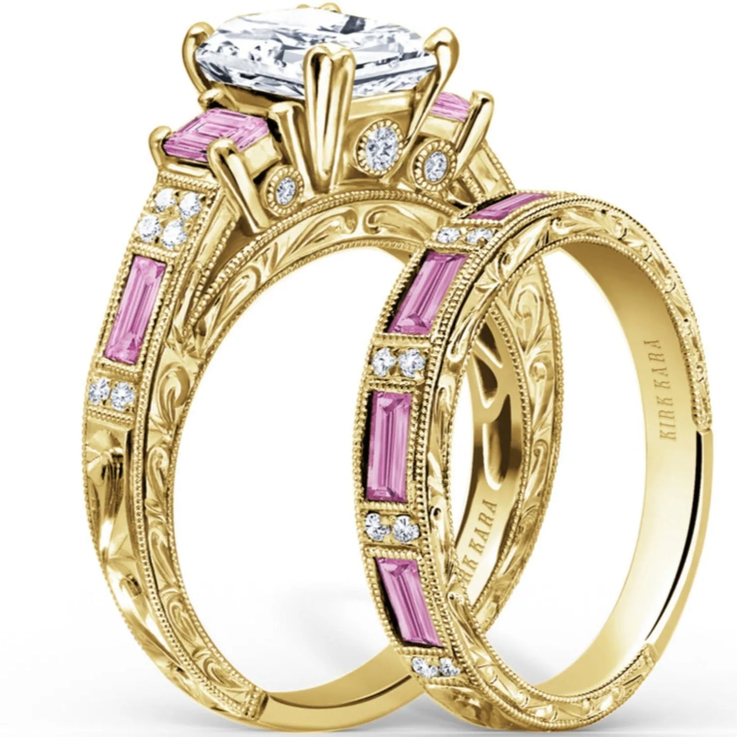 Kirk Kara "Charlotte" Pink Sapphire Emerald Cut Diamond Three Stone Engagement Ring