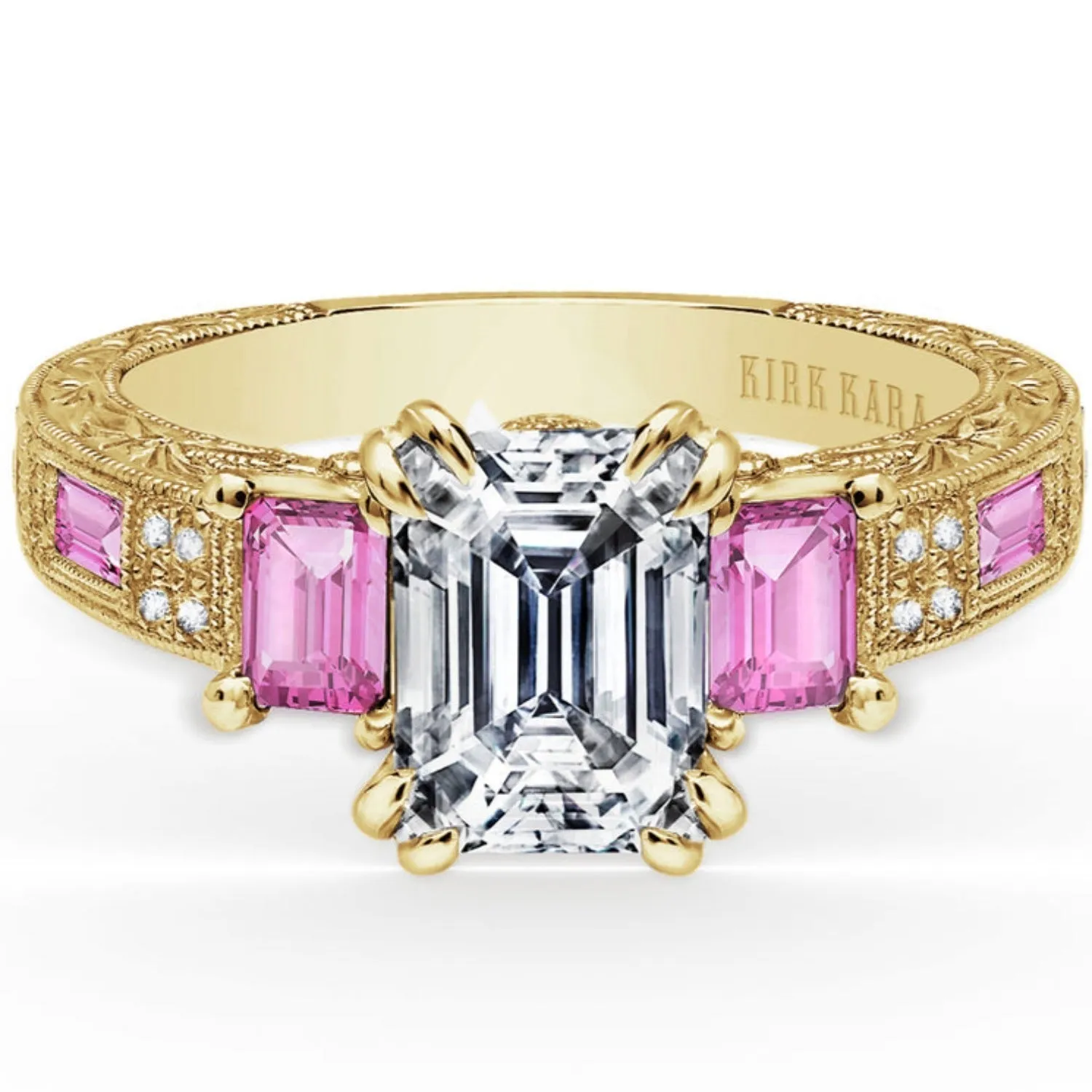 Kirk Kara "Charlotte" Pink Sapphire Emerald Cut Diamond Three Stone Engagement Ring