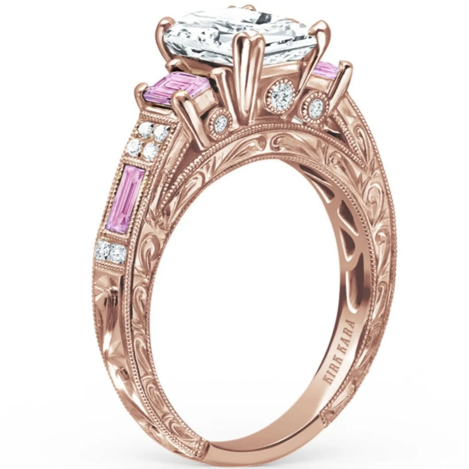 Kirk Kara "Charlotte" Pink Sapphire Emerald Cut Diamond Three Stone Engagement Ring