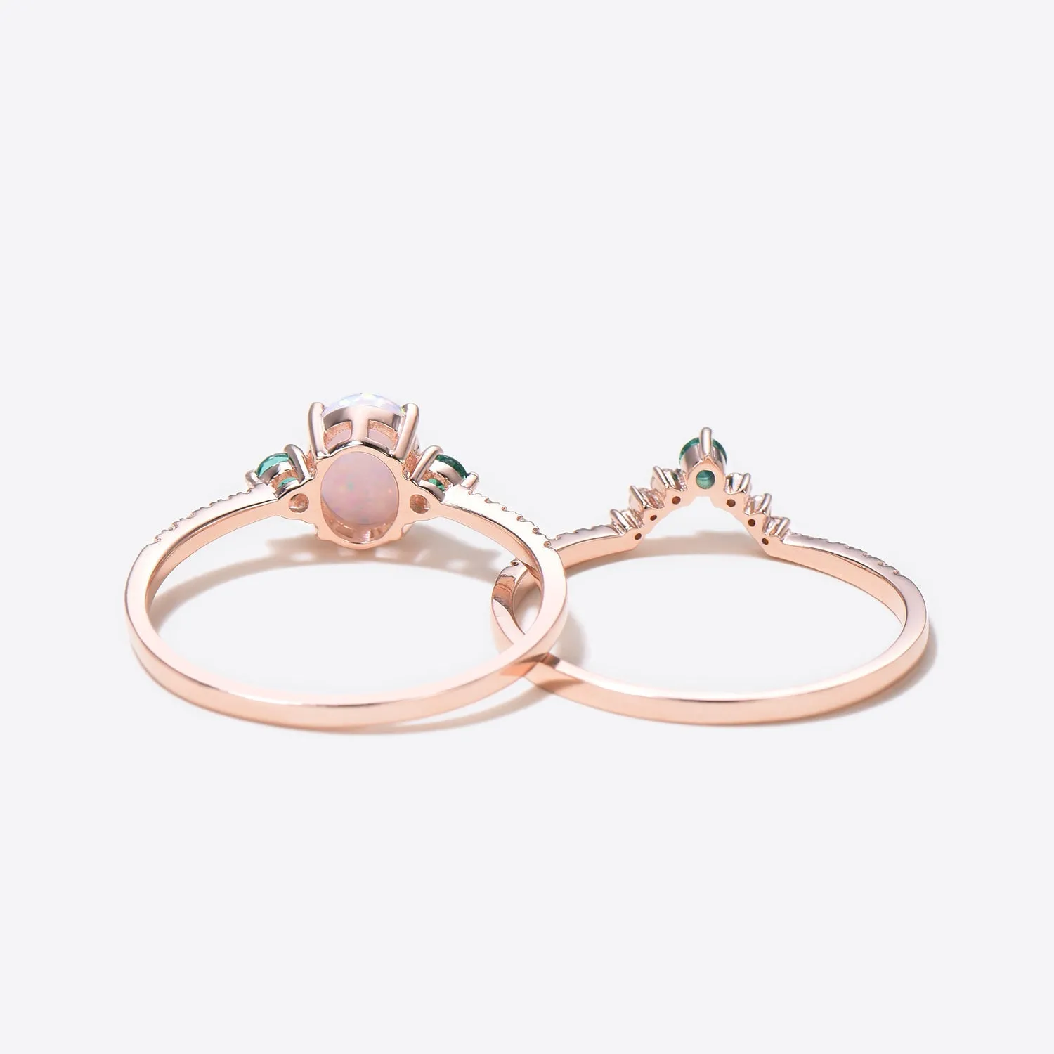 Lab Opal Bridal Set Antique Diamond Wedding Matching Band Emerald Engagement Ring Set