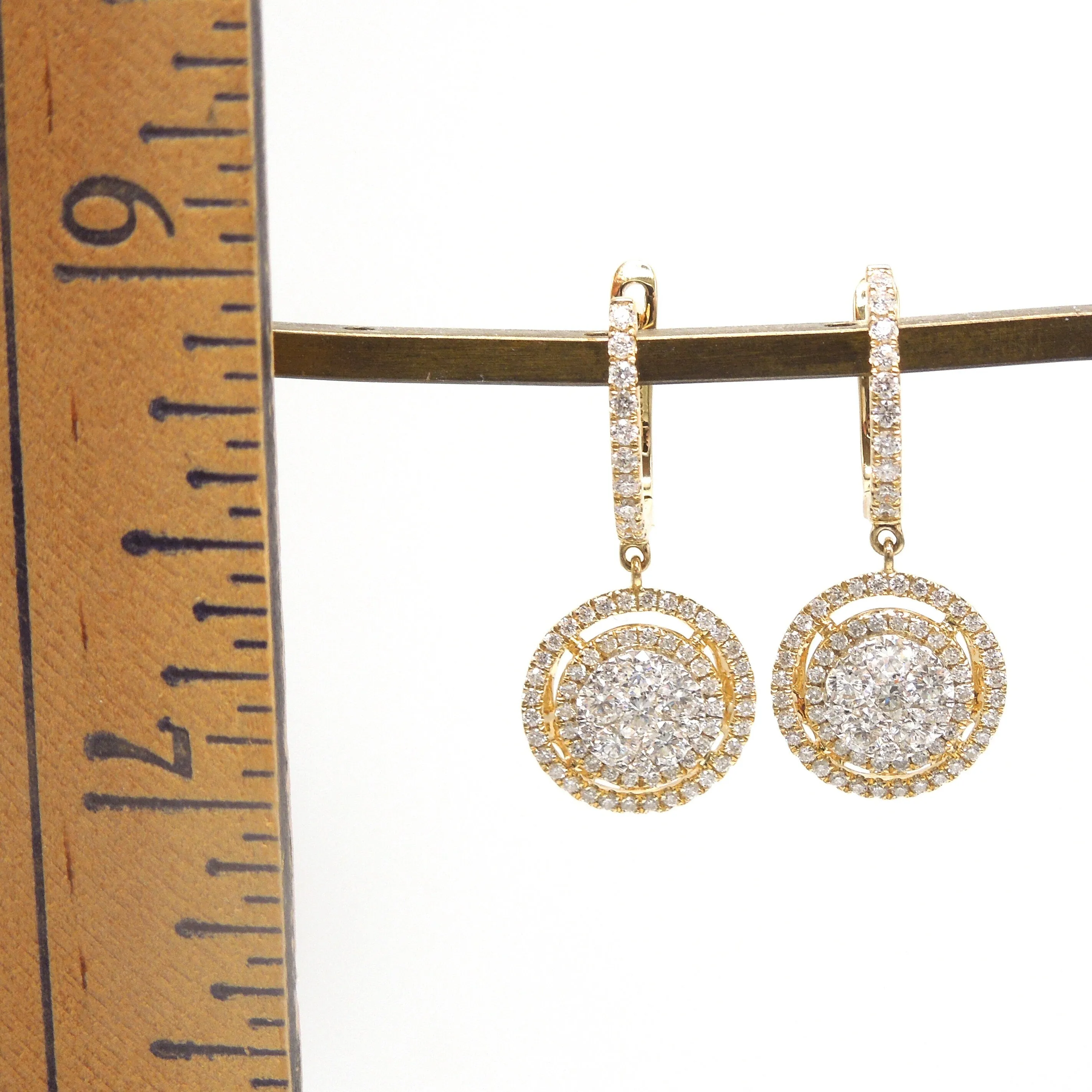 Large 18K Yellow Gold Double Halo Diamond Cluster Drop Earrings