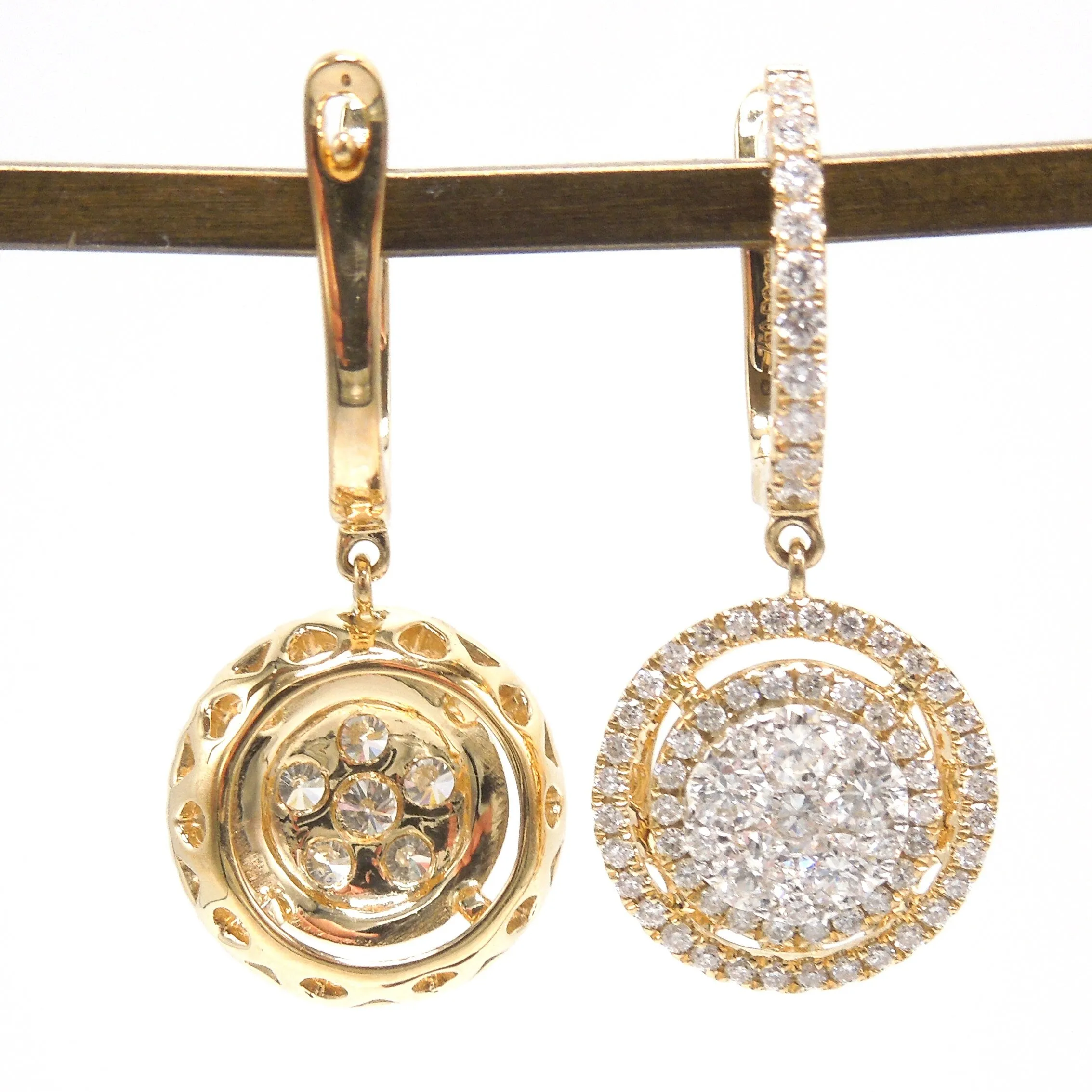 Large 18K Yellow Gold Double Halo Diamond Cluster Drop Earrings