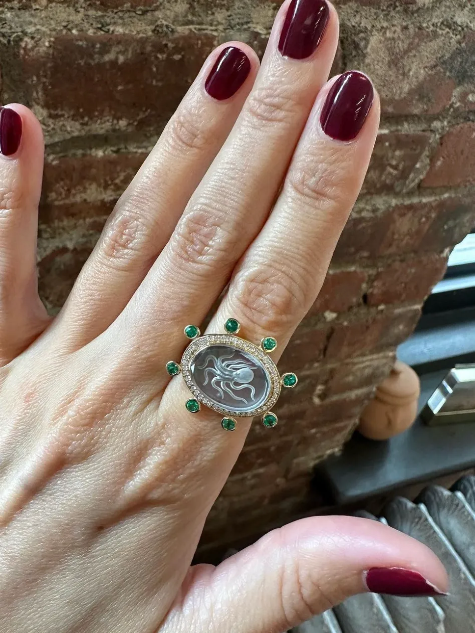 Large Octopus Caspian Ring- Grey Mother-of-Pearl, Diamond and Emerald