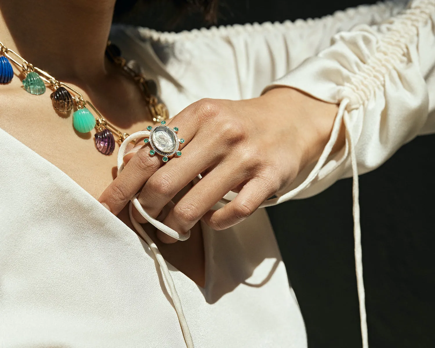 Large Octopus Caspian Ring- Grey Mother-of-Pearl, Diamond and Emerald