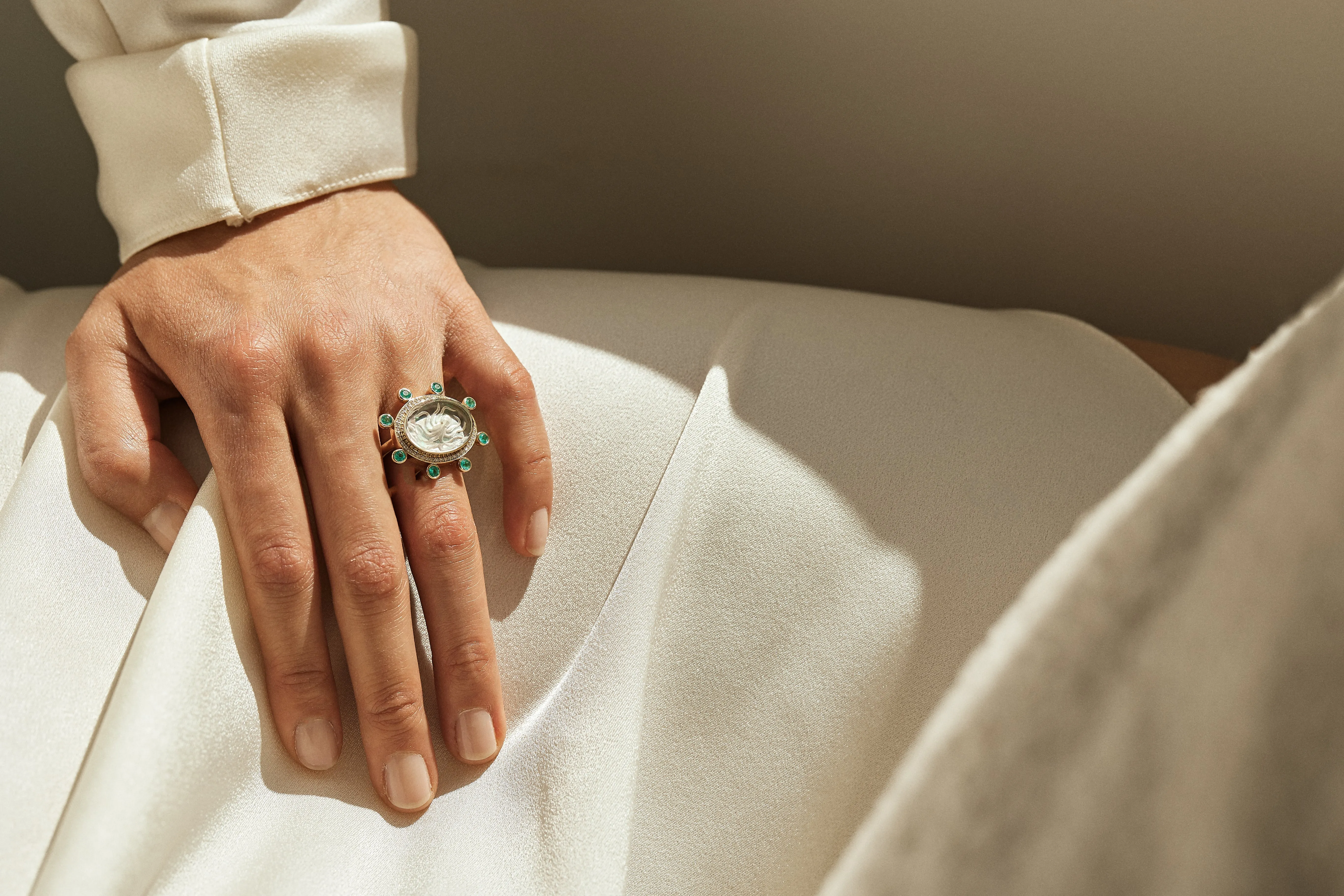 Large Octopus Caspian Ring- Grey Mother-of-Pearl, Diamond and Emerald