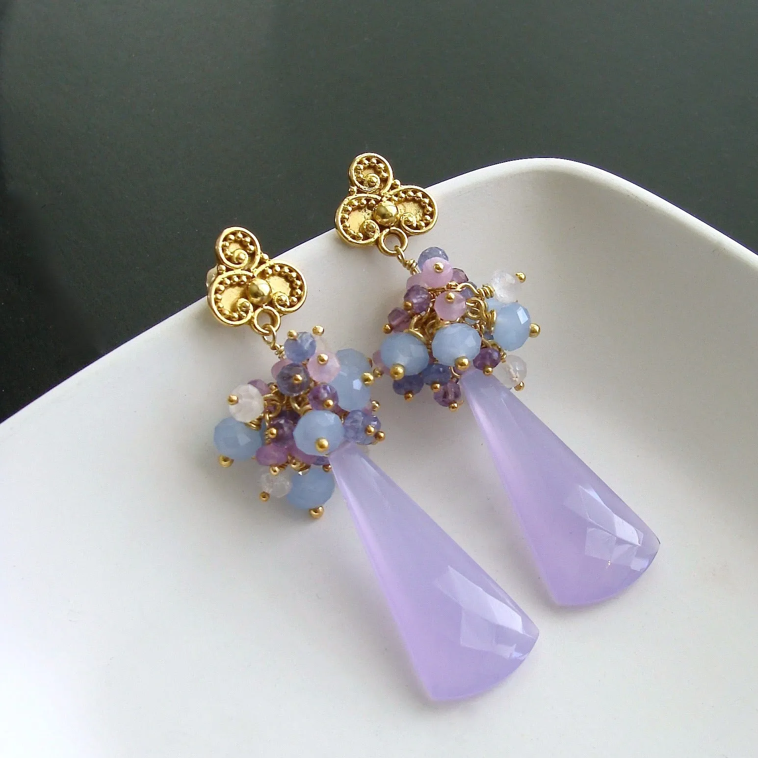 Lavender Chalcedony Cluster Earrings - Lorenia Earrings
