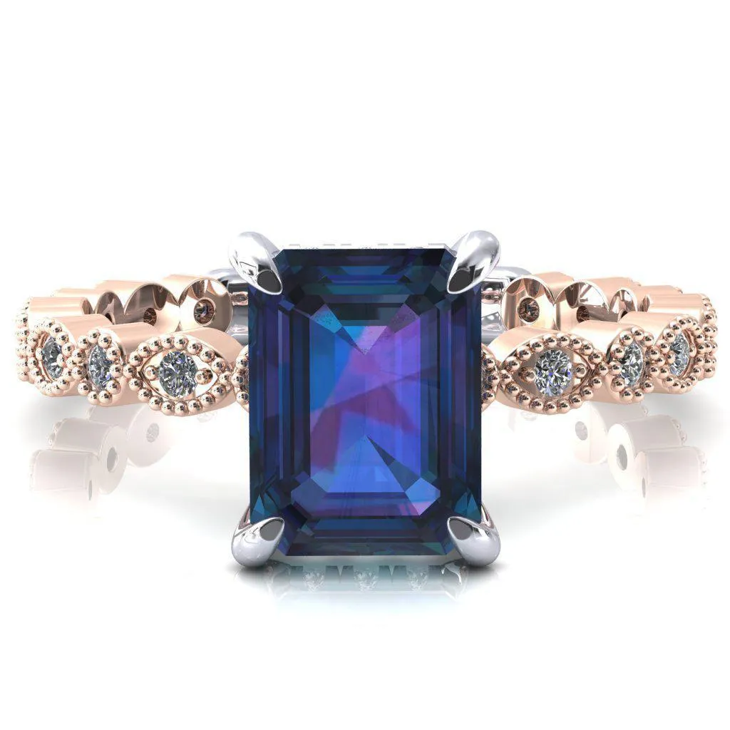 Lizette Emerald Alexandrite 4 Claw Prong 3/4 Eternity Milgrain Diamond Shank Engagement Ring