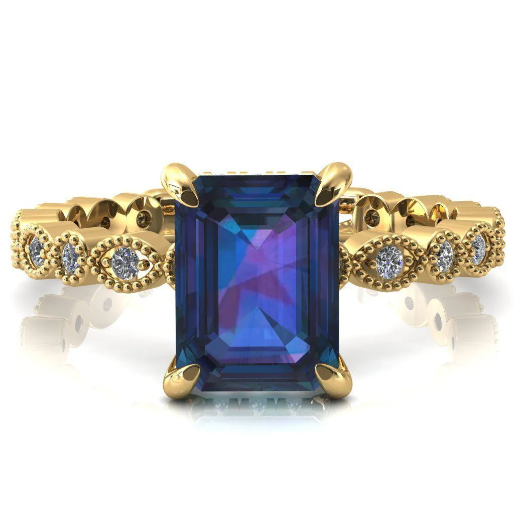 Lizette Emerald Alexandrite 4 Claw Prong 3/4 Eternity Milgrain Diamond Shank Engagement Ring
