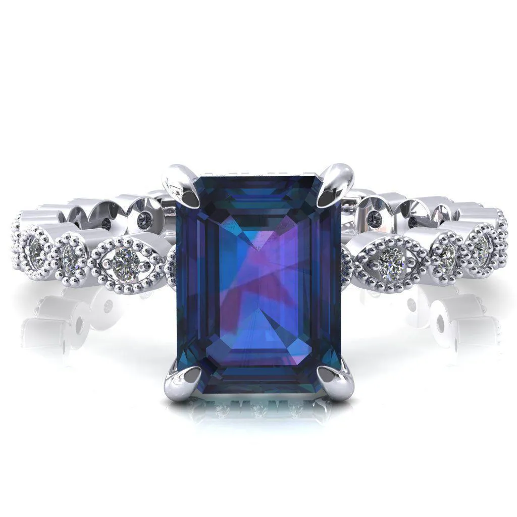 Lizette Emerald Alexandrite 4 Claw Prong 3/4 Eternity Milgrain Diamond Shank Engagement Ring