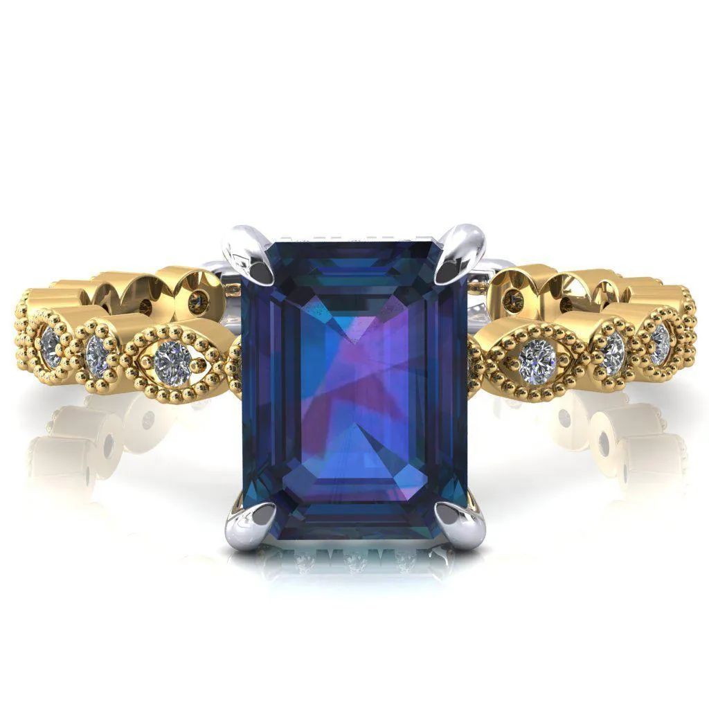 Lizette Emerald Alexandrite 4 Claw Prong 3/4 Eternity Milgrain Diamond Shank Engagement Ring