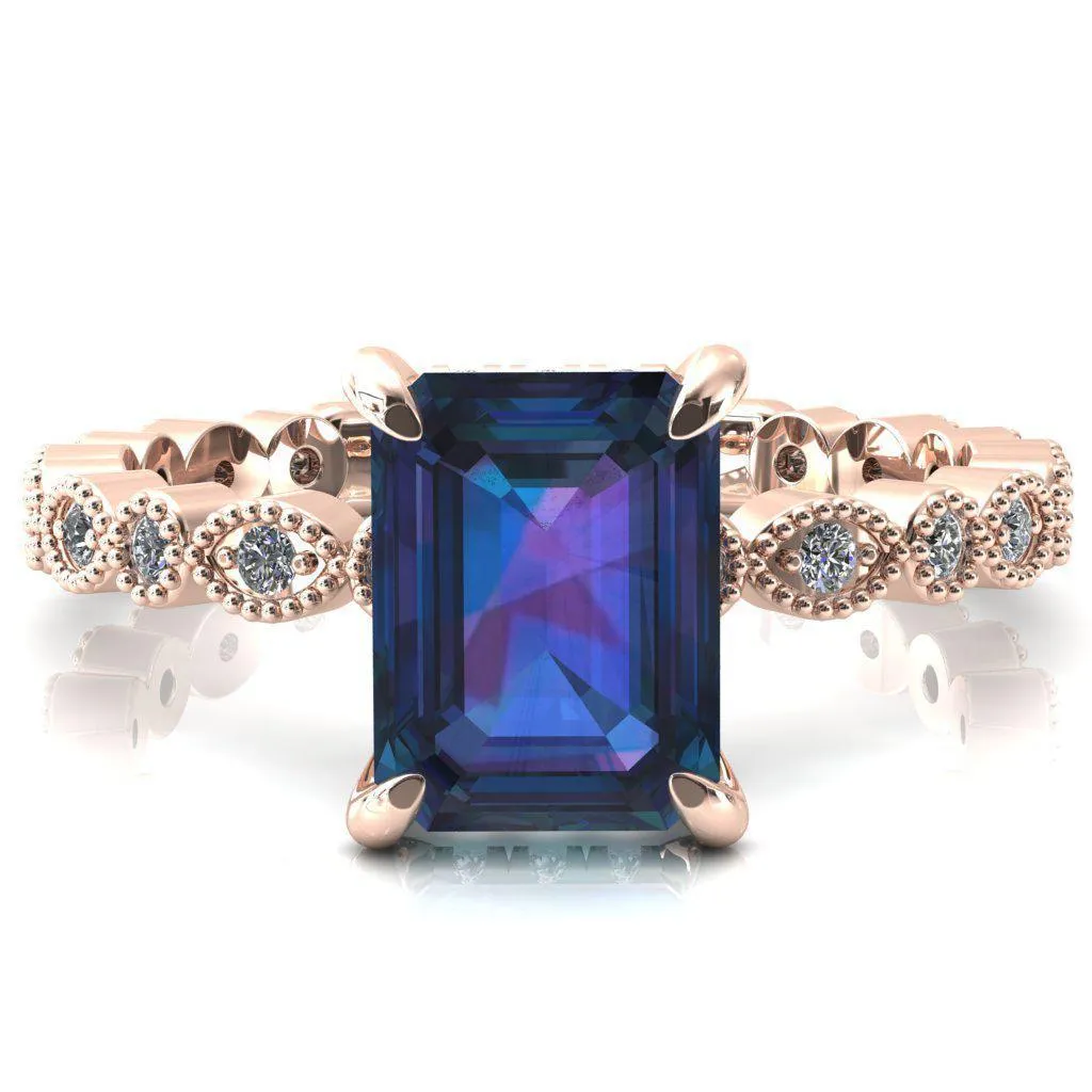 Lizette Emerald Alexandrite 4 Claw Prong 3/4 Eternity Milgrain Diamond Shank Engagement Ring