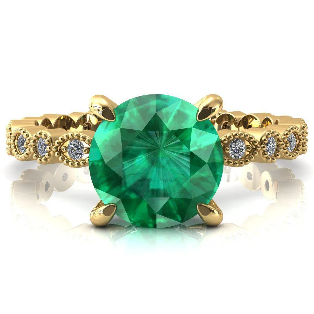 Lizette Round Emerald 4 Claw Prong 3/4 Eternity Milgrain Diamond Shank Engagement Ring