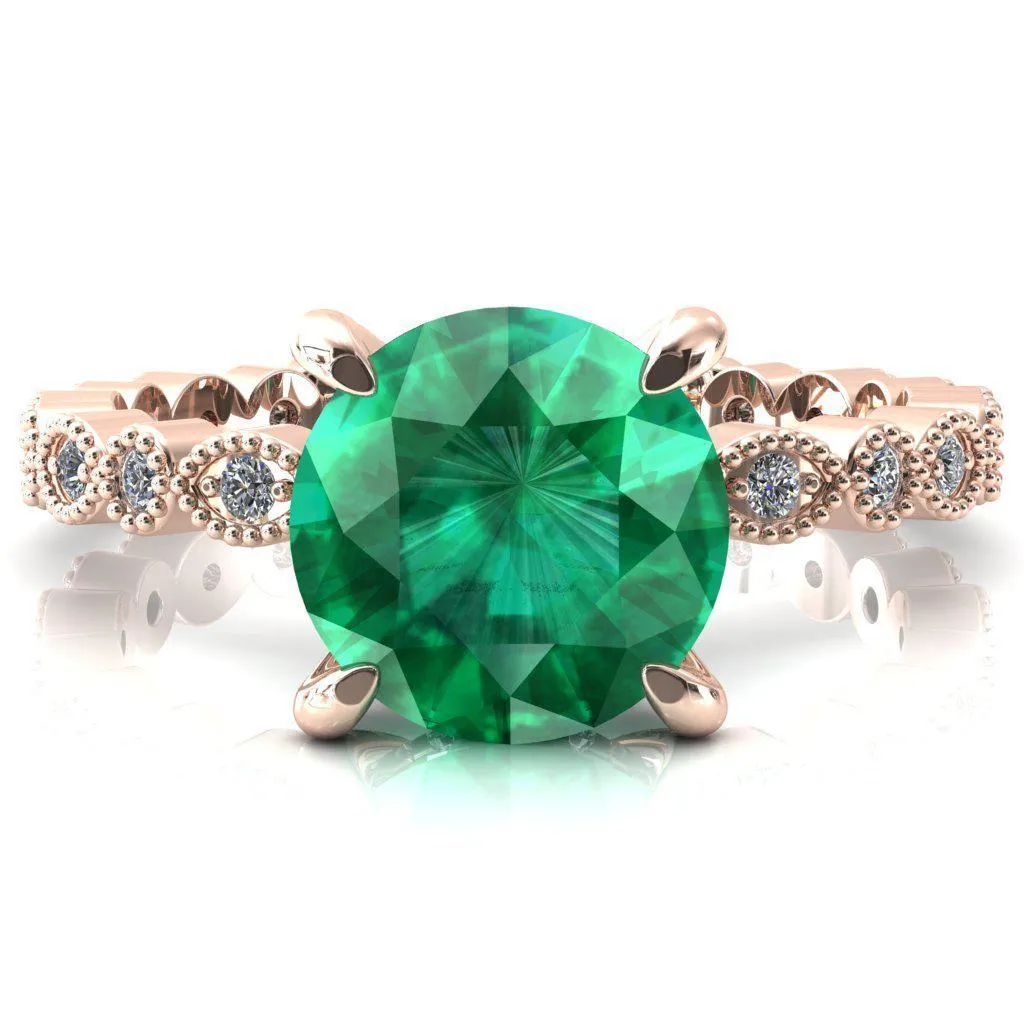 Lizette Round Emerald 4 Claw Prong 3/4 Eternity Milgrain Diamond Shank Engagement Ring