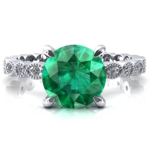 Lizette Round Emerald 4 Claw Prong 3/4 Eternity Milgrain Diamond Shank Engagement Ring