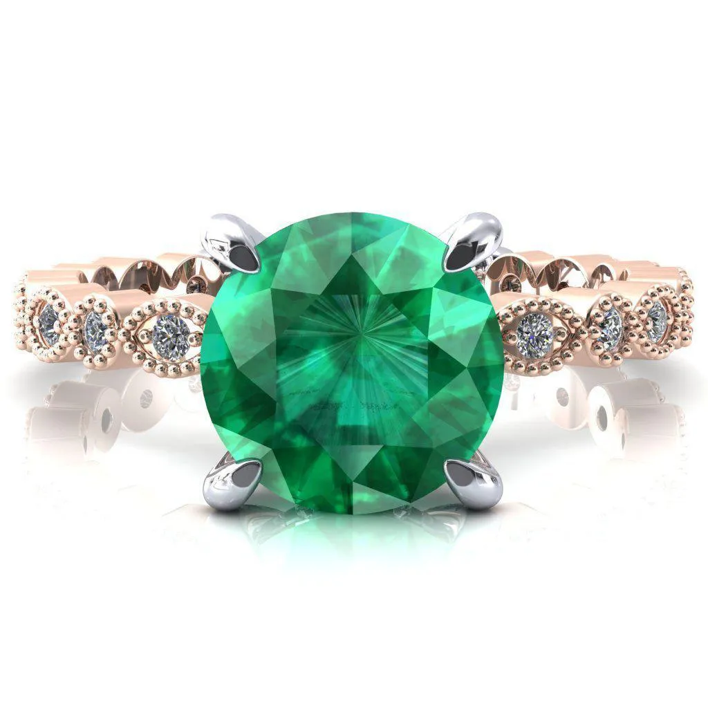 Lizette Round Emerald 4 Claw Prong 3/4 Eternity Milgrain Diamond Shank Engagement Ring