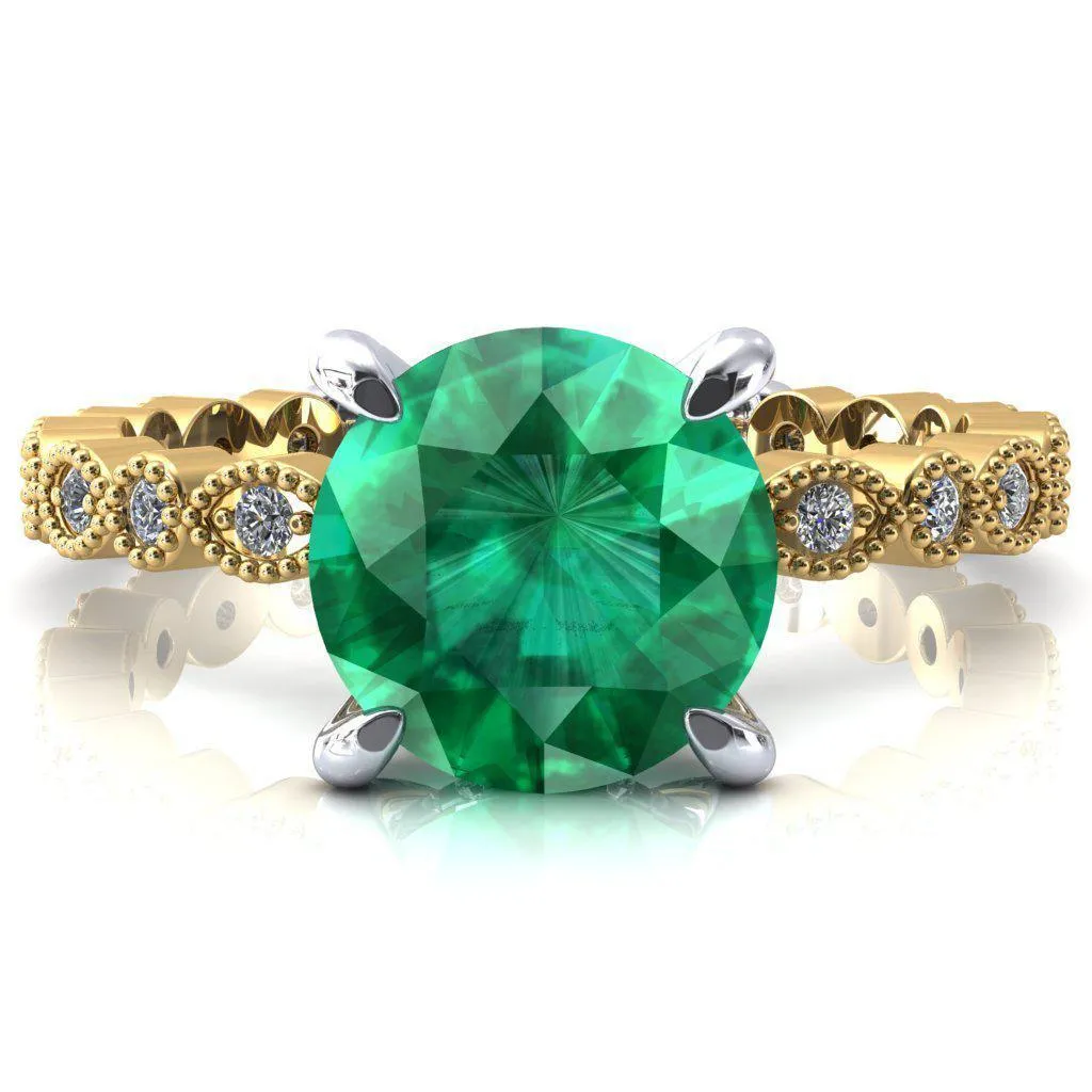 Lizette Round Emerald 4 Claw Prong 3/4 Eternity Milgrain Diamond Shank Engagement Ring