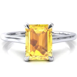 Lizzy Emerald Yellow Sapphire 4 Claw Prong Cathedral Engagement Ring