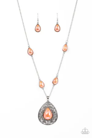 Magical Masquerade - Orange - Iridescent Pearl Teardrop Filigree Paparazzi Necklace