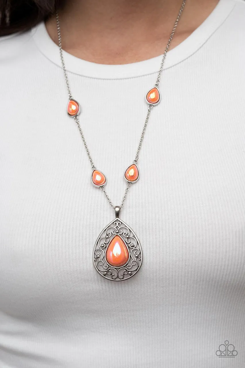 Magical Masquerade - Orange - Iridescent Pearl Teardrop Filigree Paparazzi Necklace