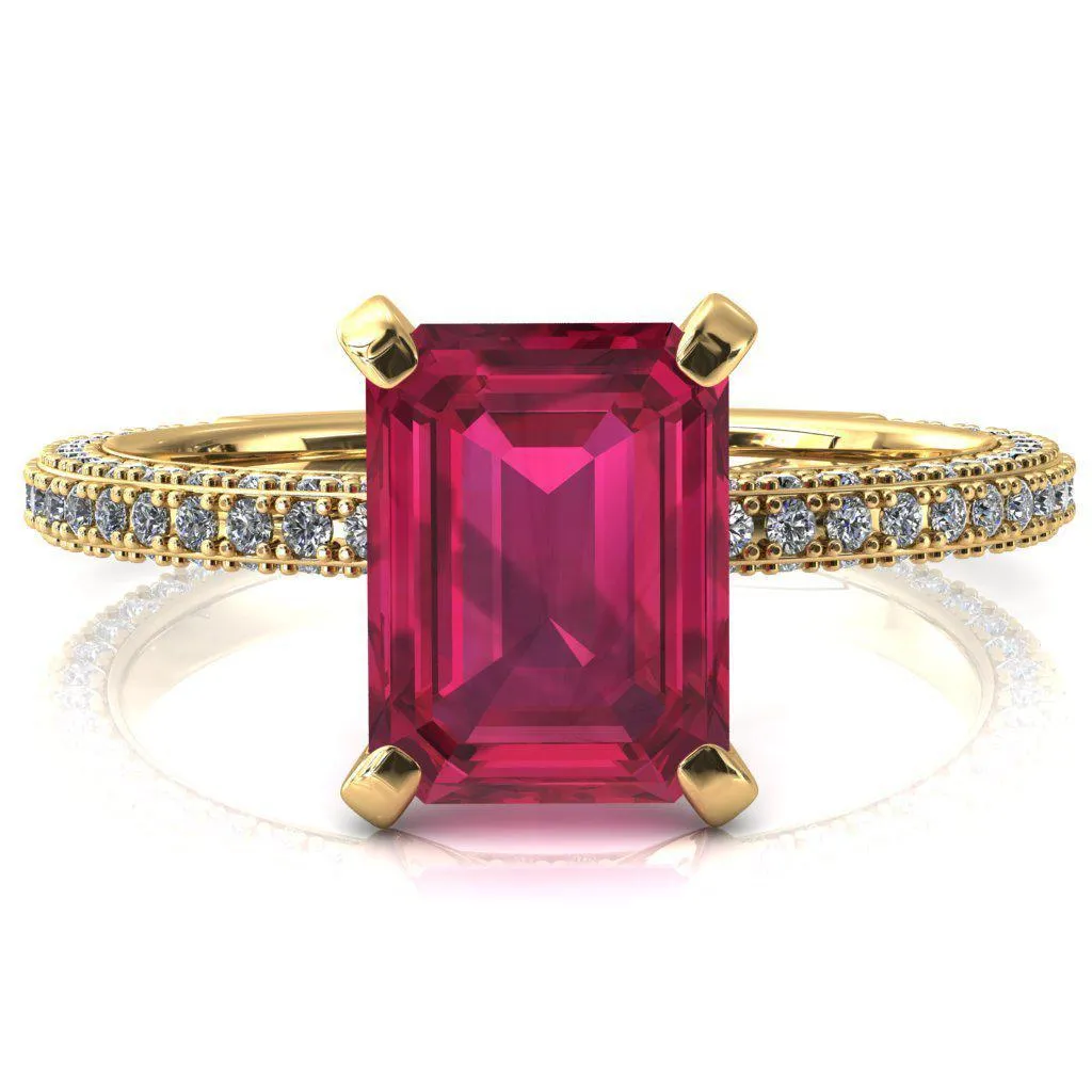 Mariyah Emerald Ruby 4 Prong 3/4 Eternity 3 Sided Diamond Shank Engagement Ring