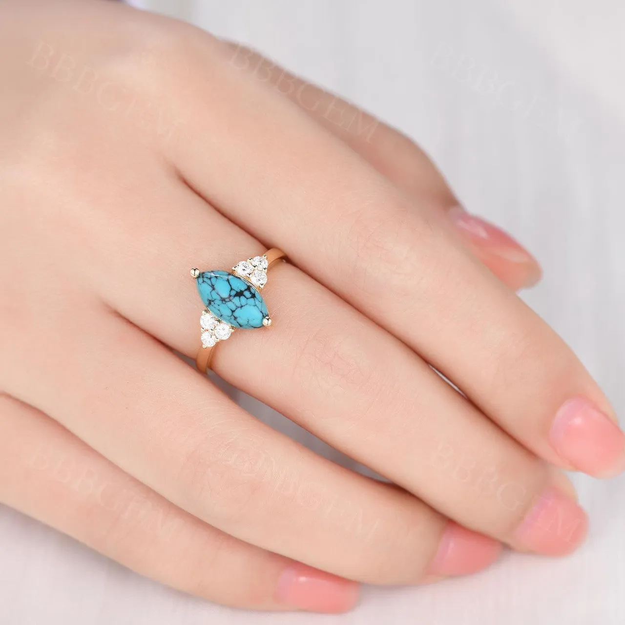 Marquise Turquoise Engagement Ring Three Diamond Side 14k Gold Band