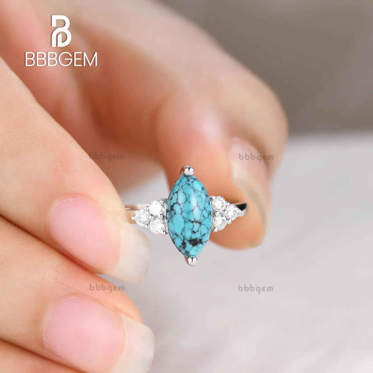 Marquise Turquoise Engagement Ring Three Diamond Side 14k Gold Band