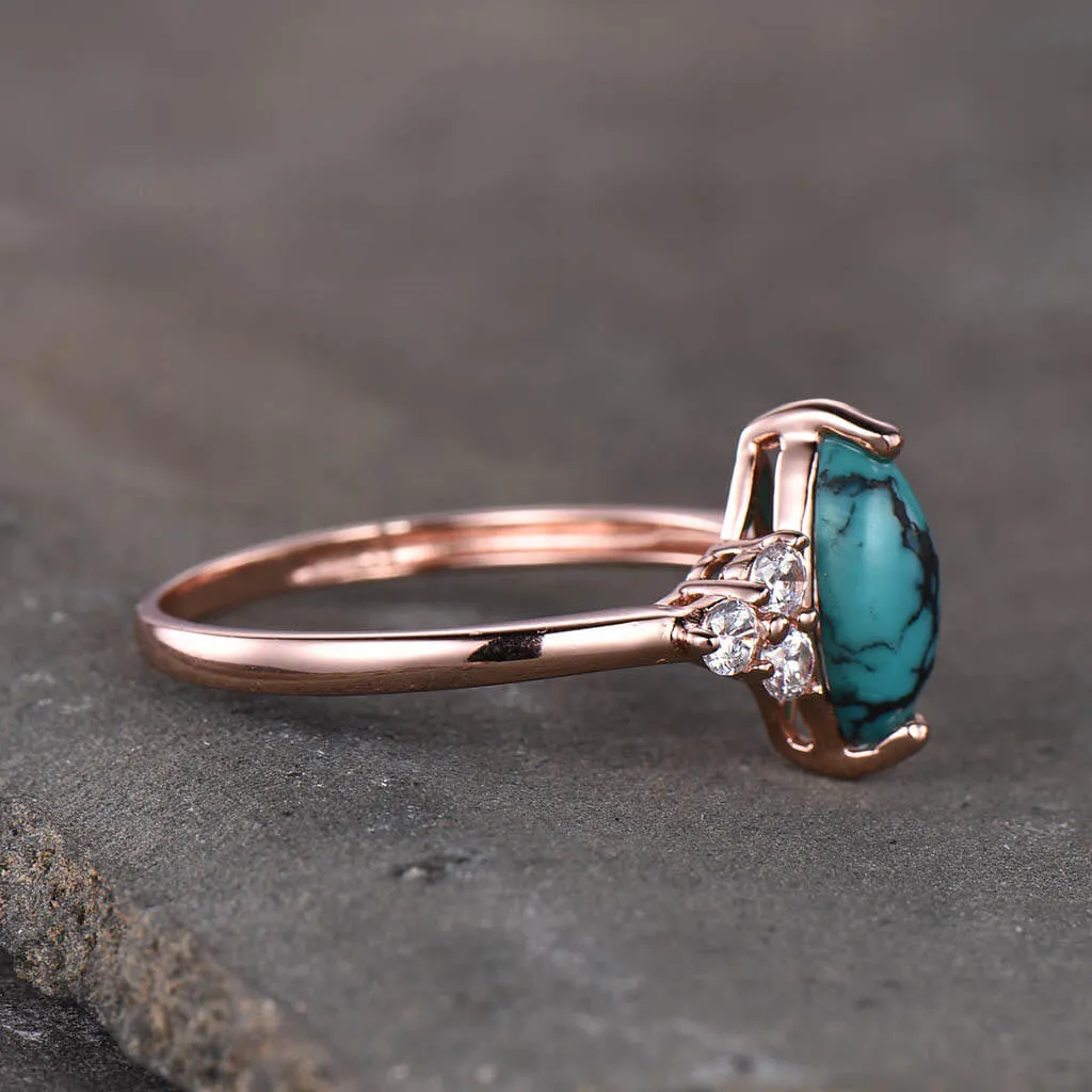 Marquise Turquoise Engagement Ring Three Diamond Side 14k Gold Band