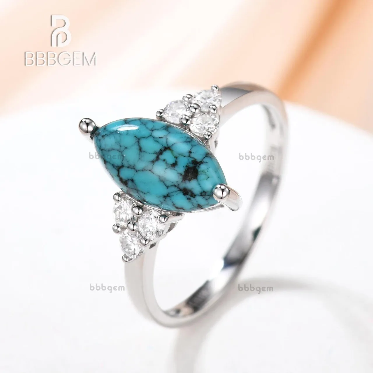 Marquise Turquoise Engagement Ring Three Diamond Side 14k Gold Band