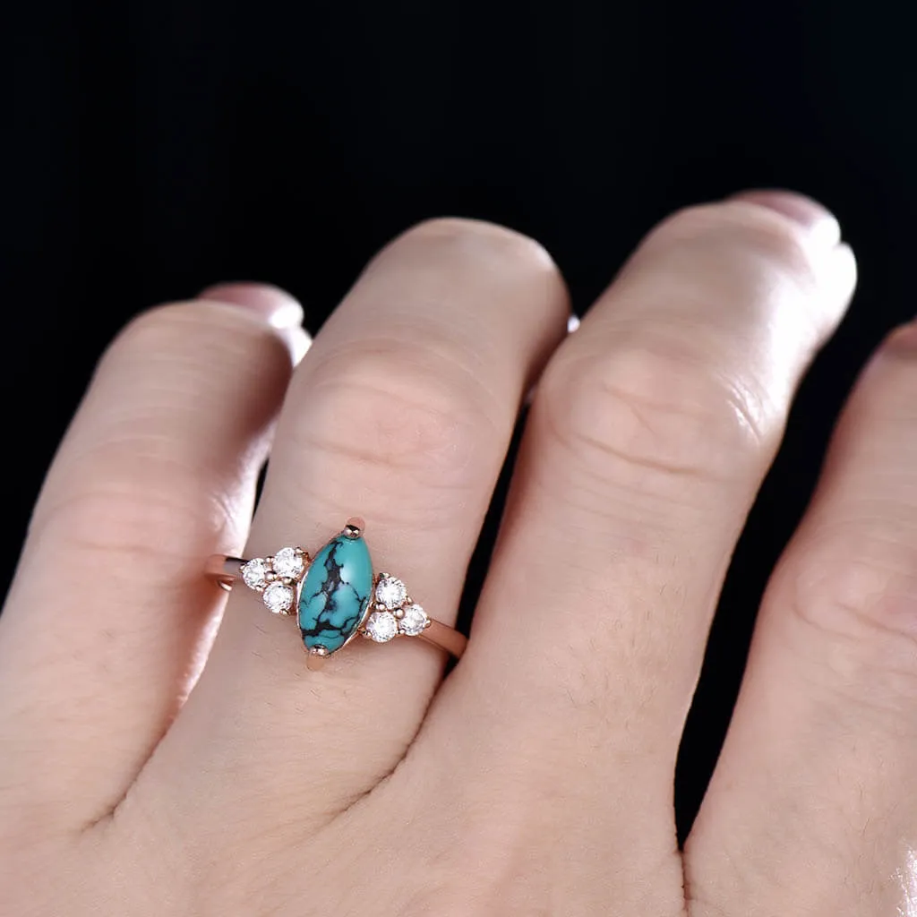 Marquise Turquoise Engagement Ring Three Diamond Side 14k Gold Band