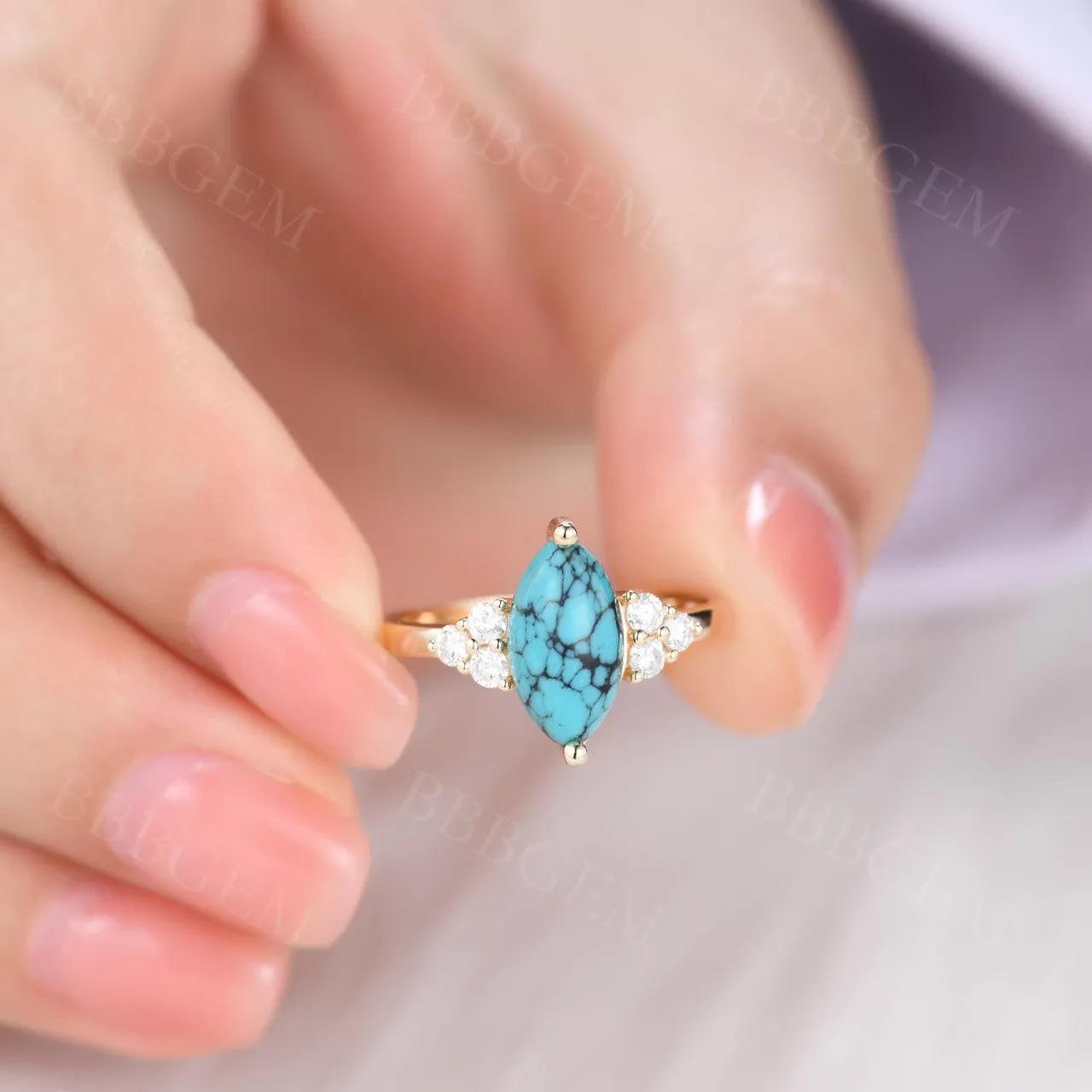 Marquise Turquoise Engagement Ring Three Diamond Side 14k Gold Band
