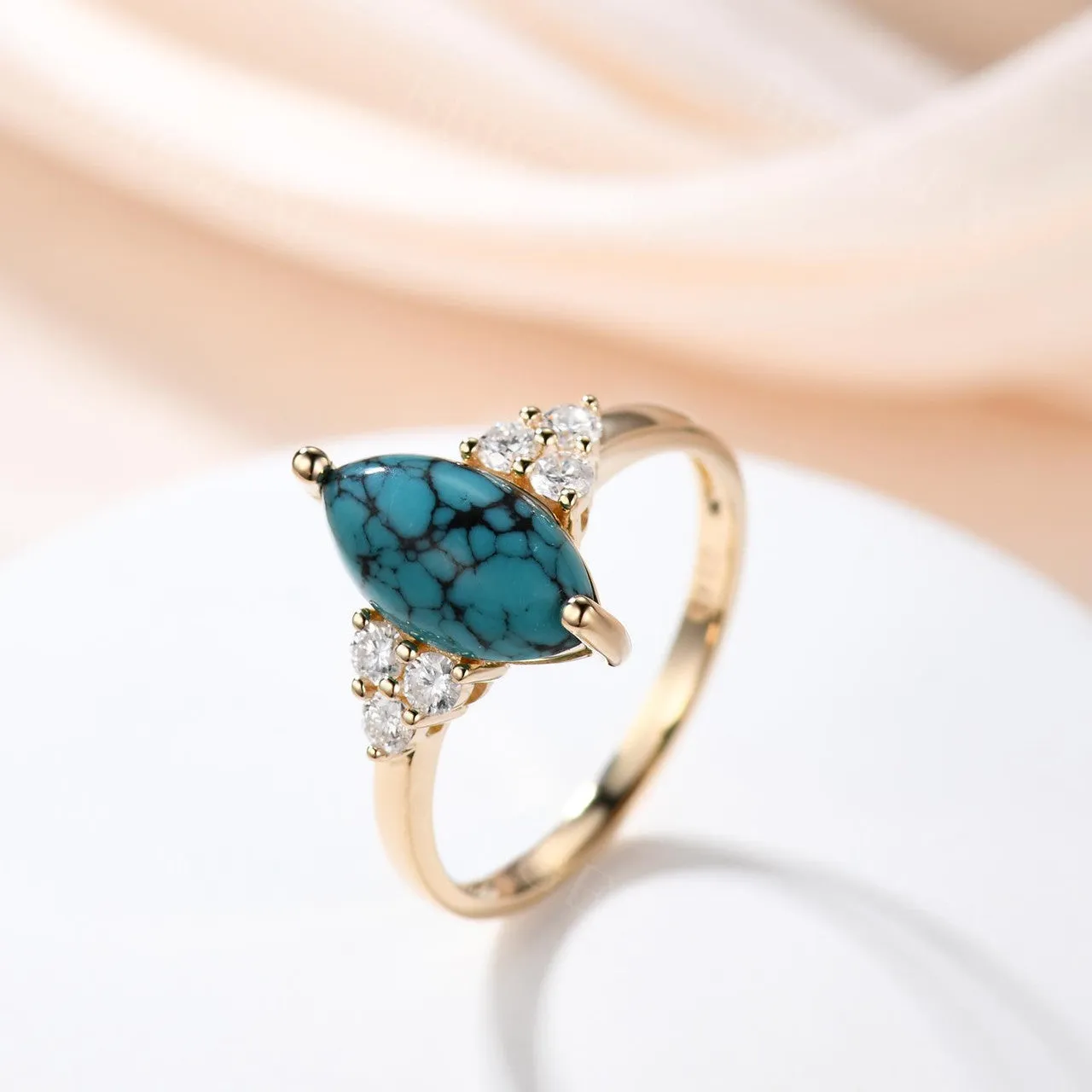 Marquise Turquoise Engagement Ring Three Diamond Side 14k Gold Band