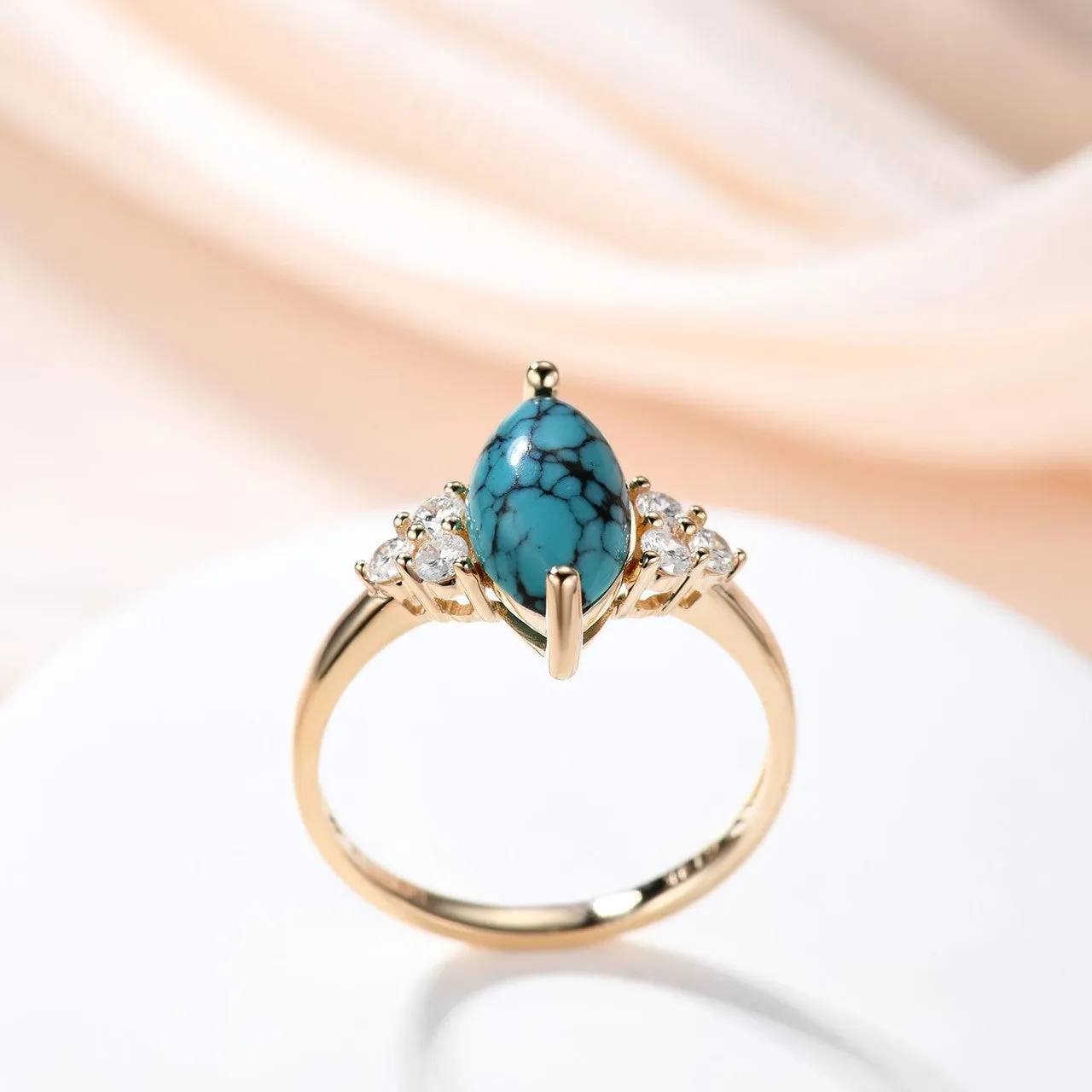 Marquise Turquoise Engagement Ring Three Diamond Side 14k Gold Band