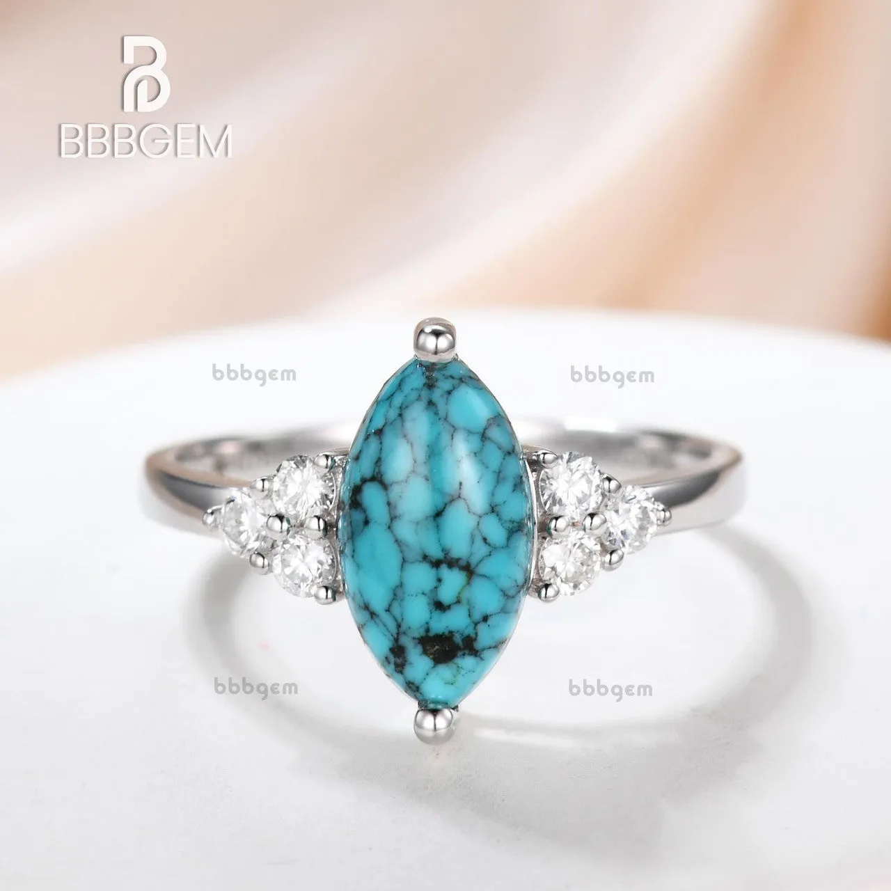 Marquise Turquoise Engagement Ring Three Diamond Side 14k Gold Band