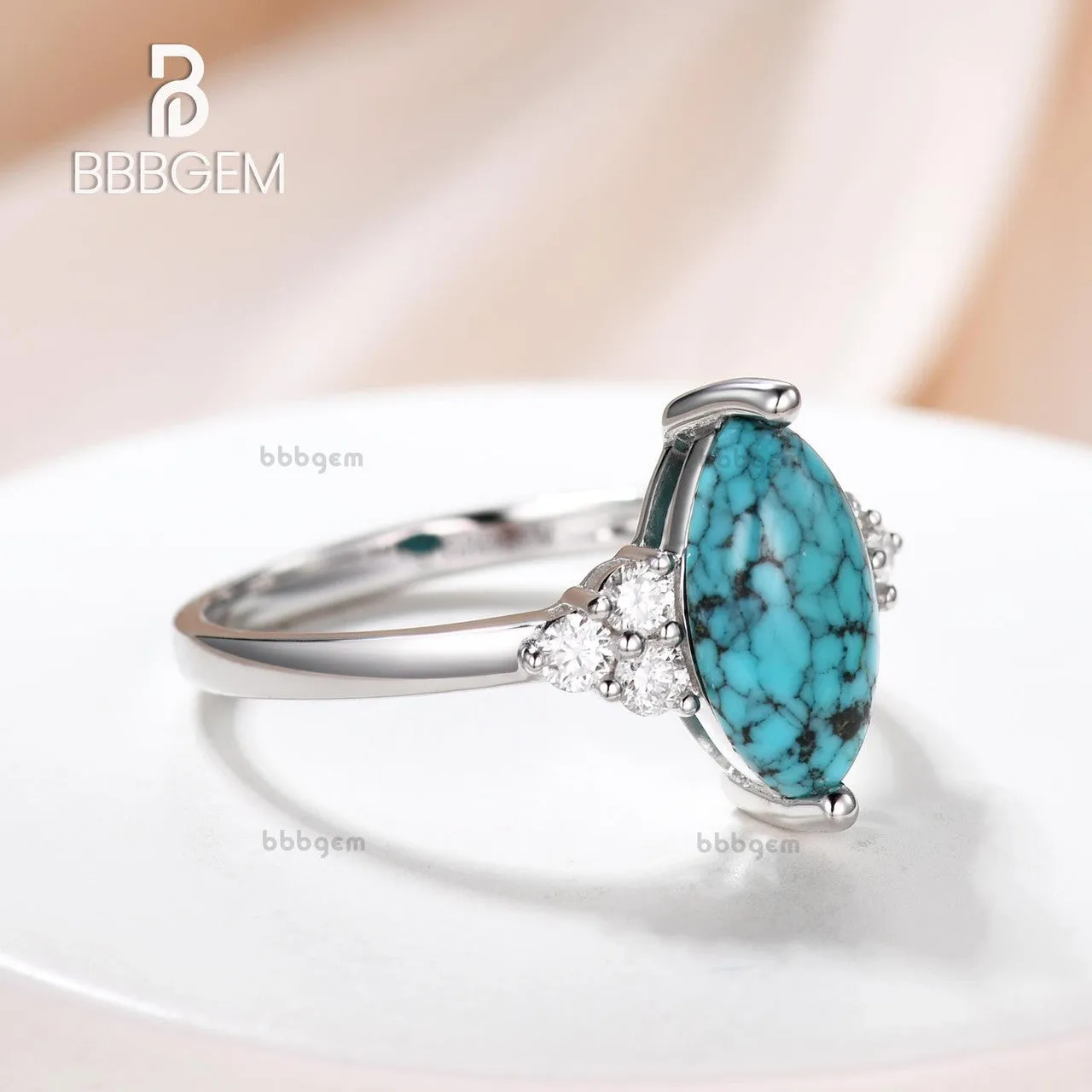 Marquise Turquoise Engagement Ring Three Diamond Side 14k Gold Band