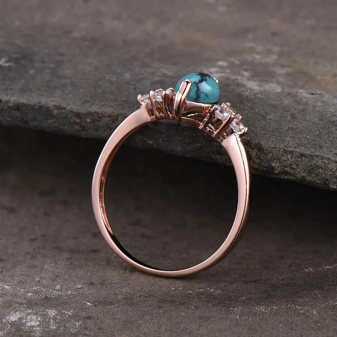 Marquise Turquoise Engagement Ring Three Diamond Side 14k Gold Band