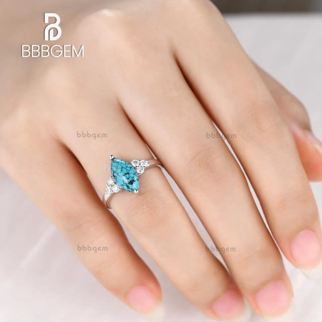 Marquise Turquoise Engagement Ring Three Diamond Side 14k Gold Band
