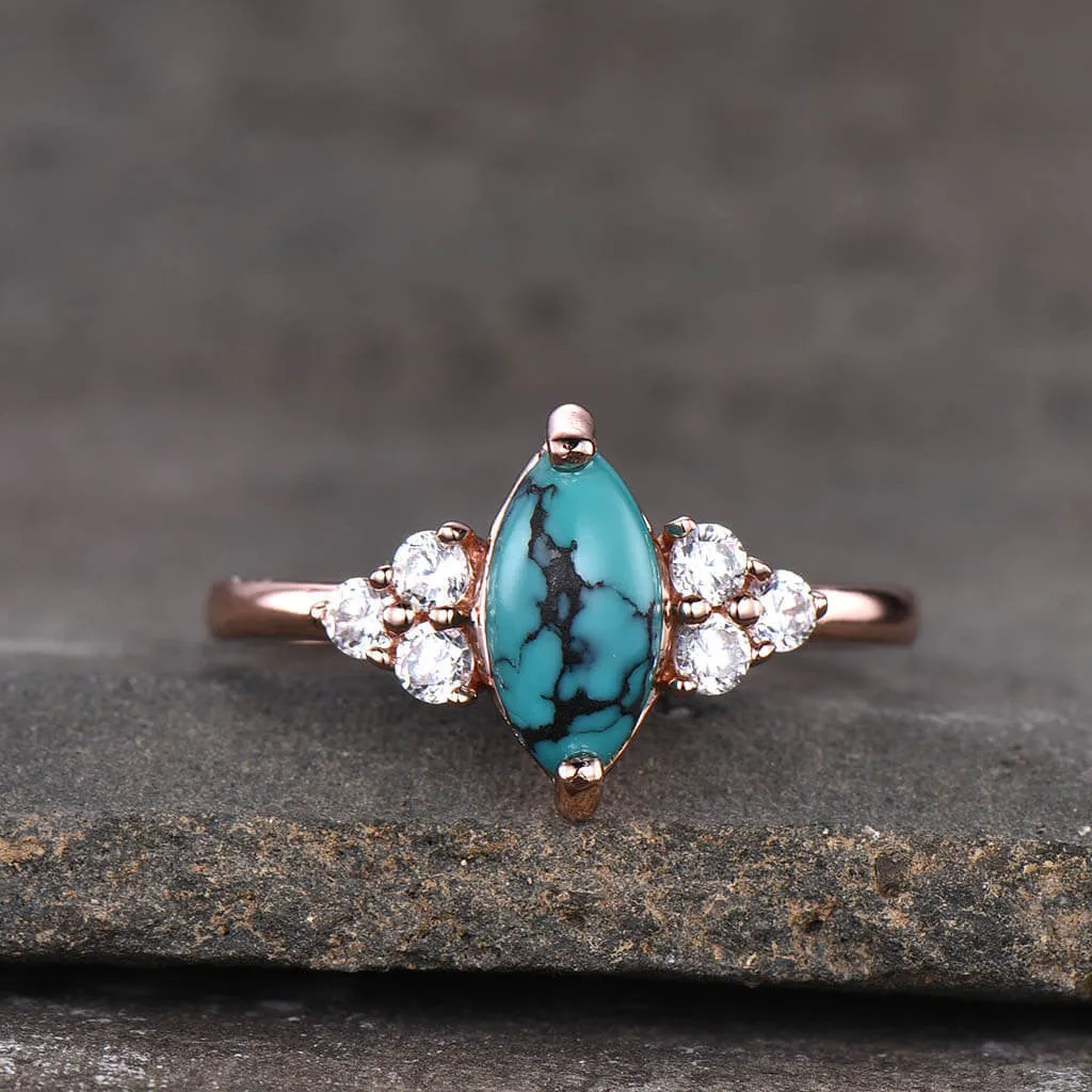 Marquise Turquoise Engagement Ring Three Diamond Side 14k Gold Band