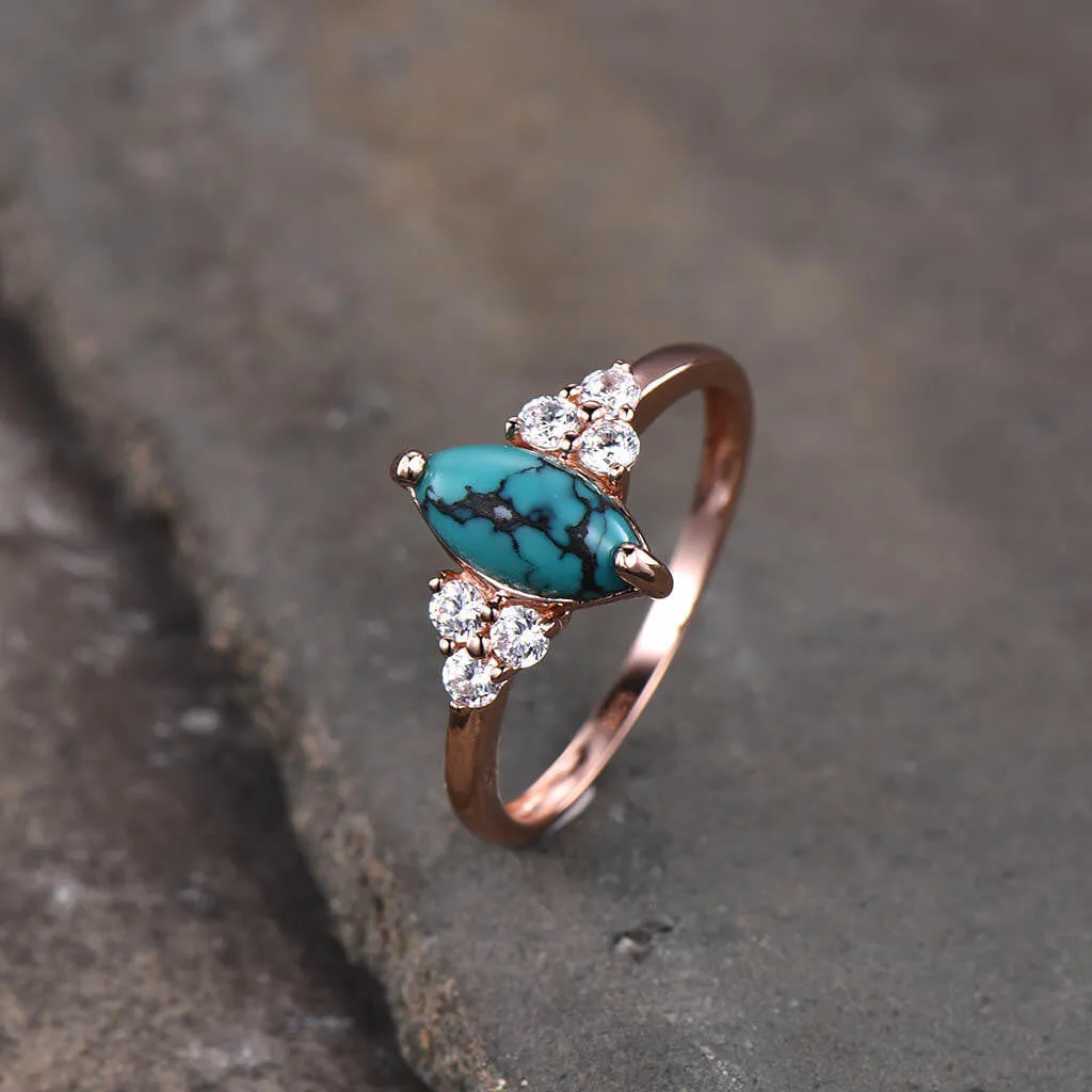 Marquise Turquoise Engagement Ring Three Diamond Side 14k Gold Band