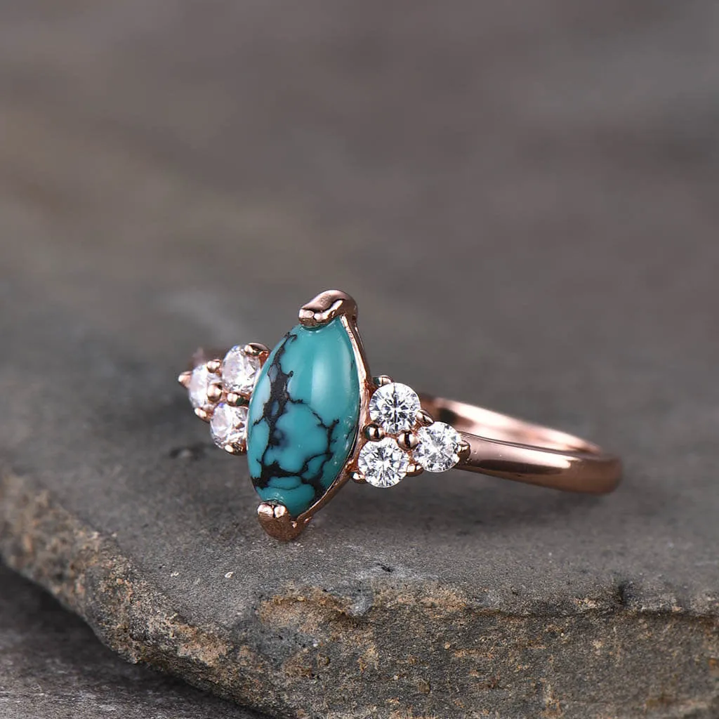 Marquise Turquoise Engagement Ring Three Diamond Side 14k Gold Band