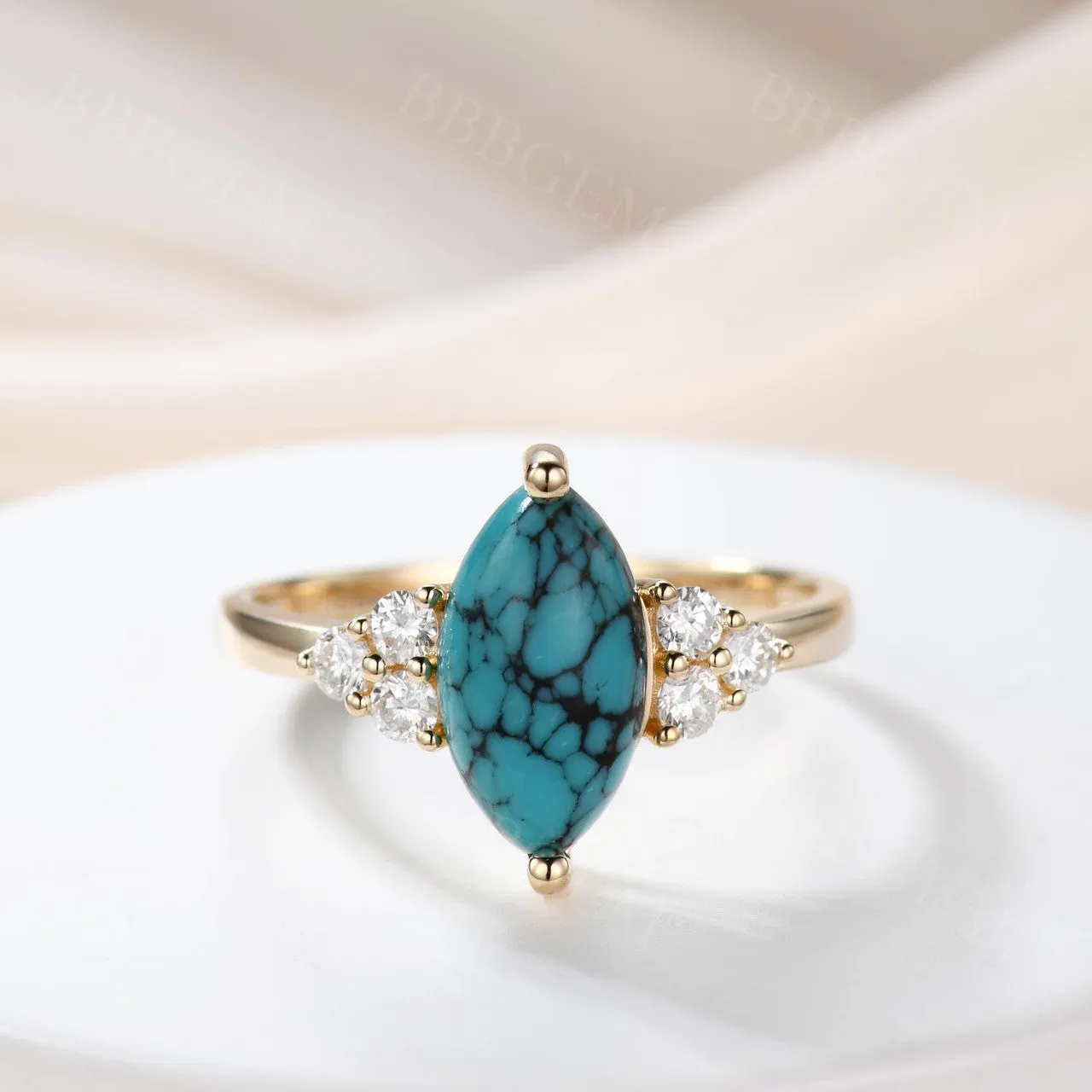 Marquise Turquoise Engagement Ring Three Diamond Side 14k Gold Band