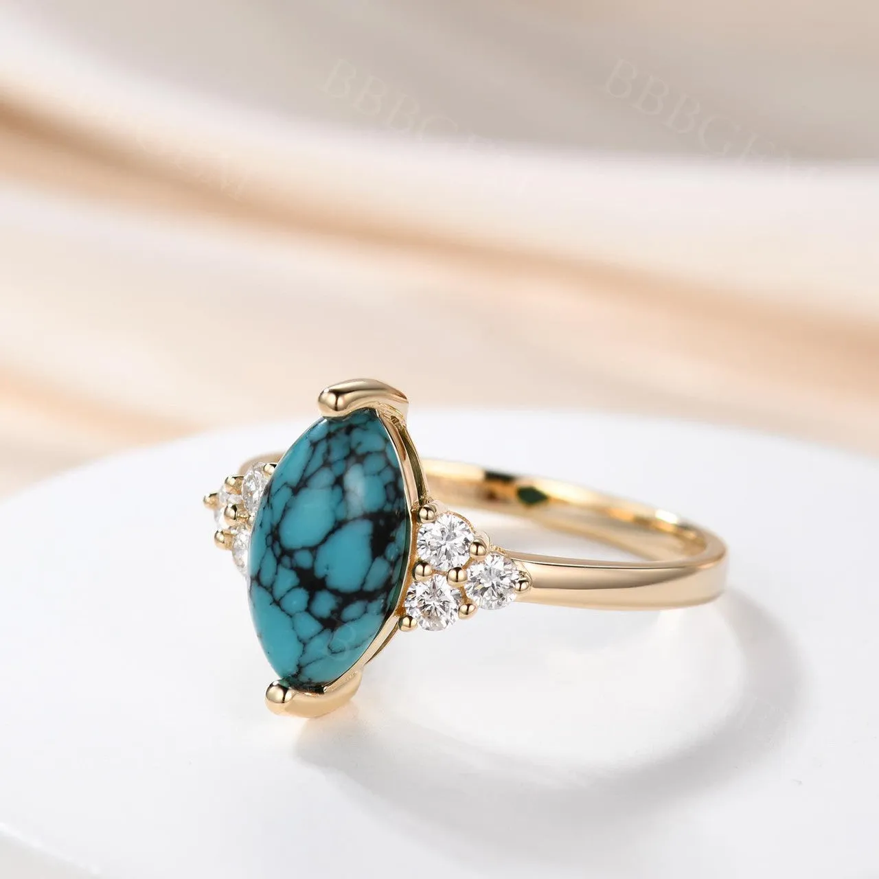 Marquise Turquoise Engagement Ring Three Diamond Side 14k Gold Band