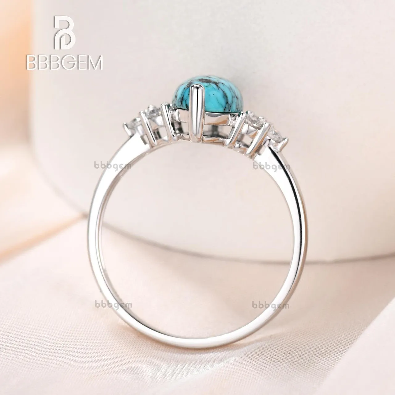 Marquise Turquoise Engagement Ring Three Diamond Side 14k Gold Band
